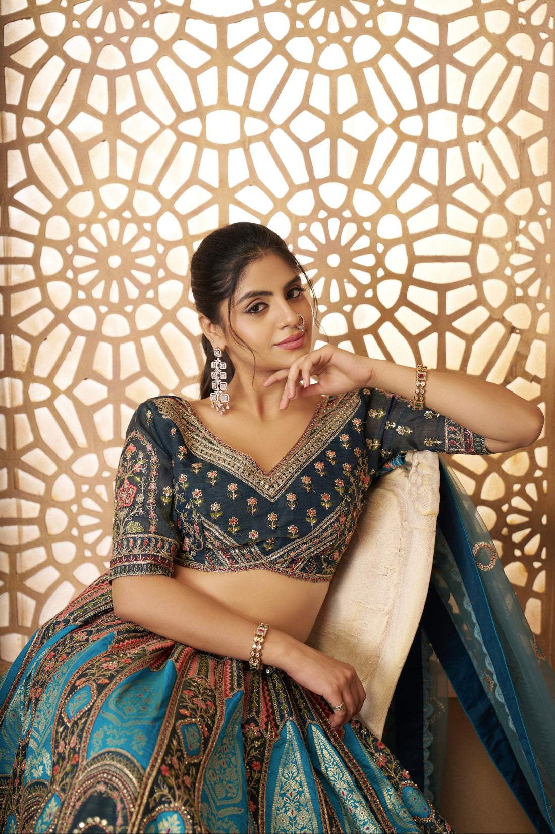 Blue Banarasi silk lehenga with aari embroidery