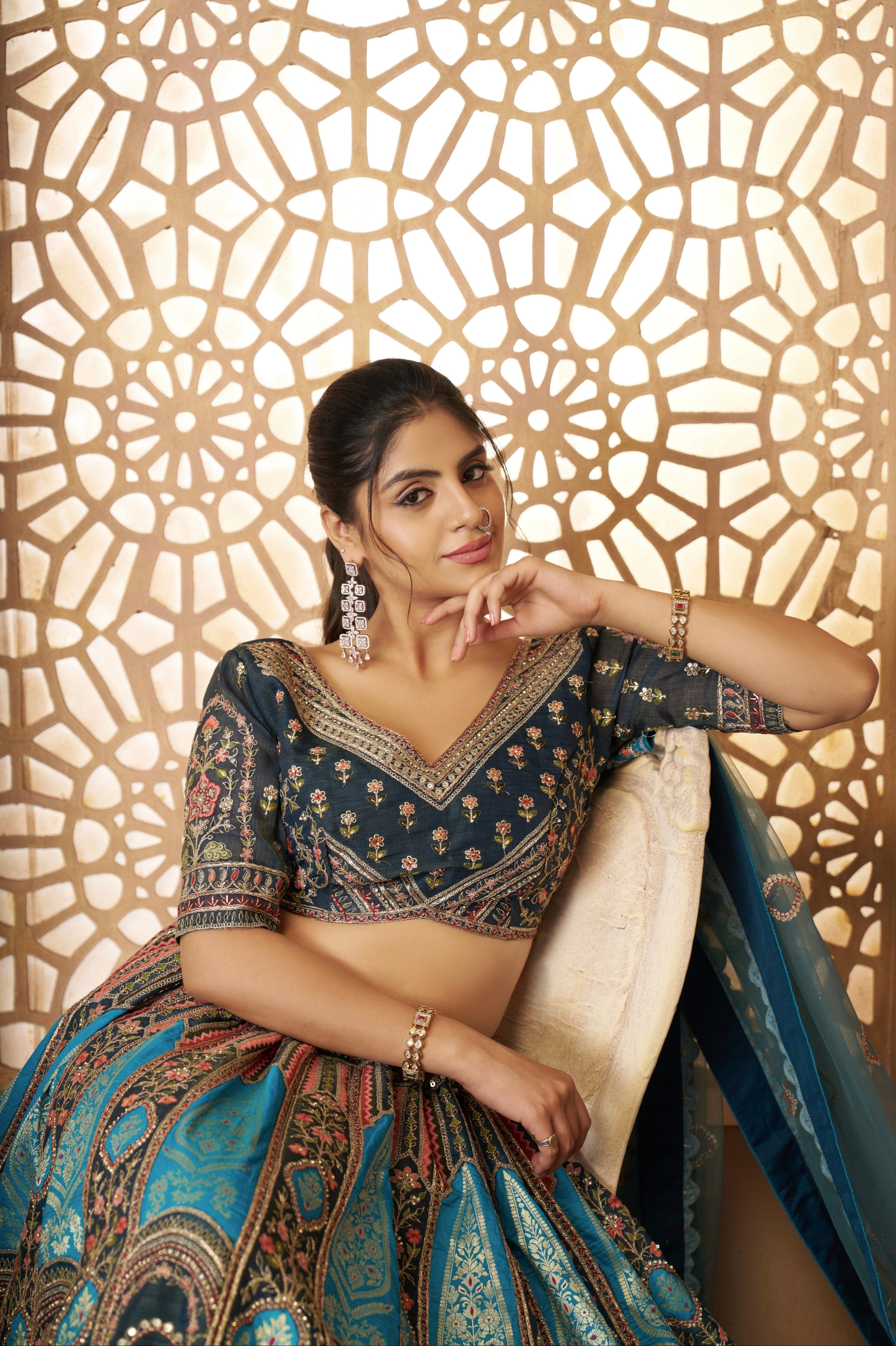 Designer wedding lehenga in blue with net dupatta