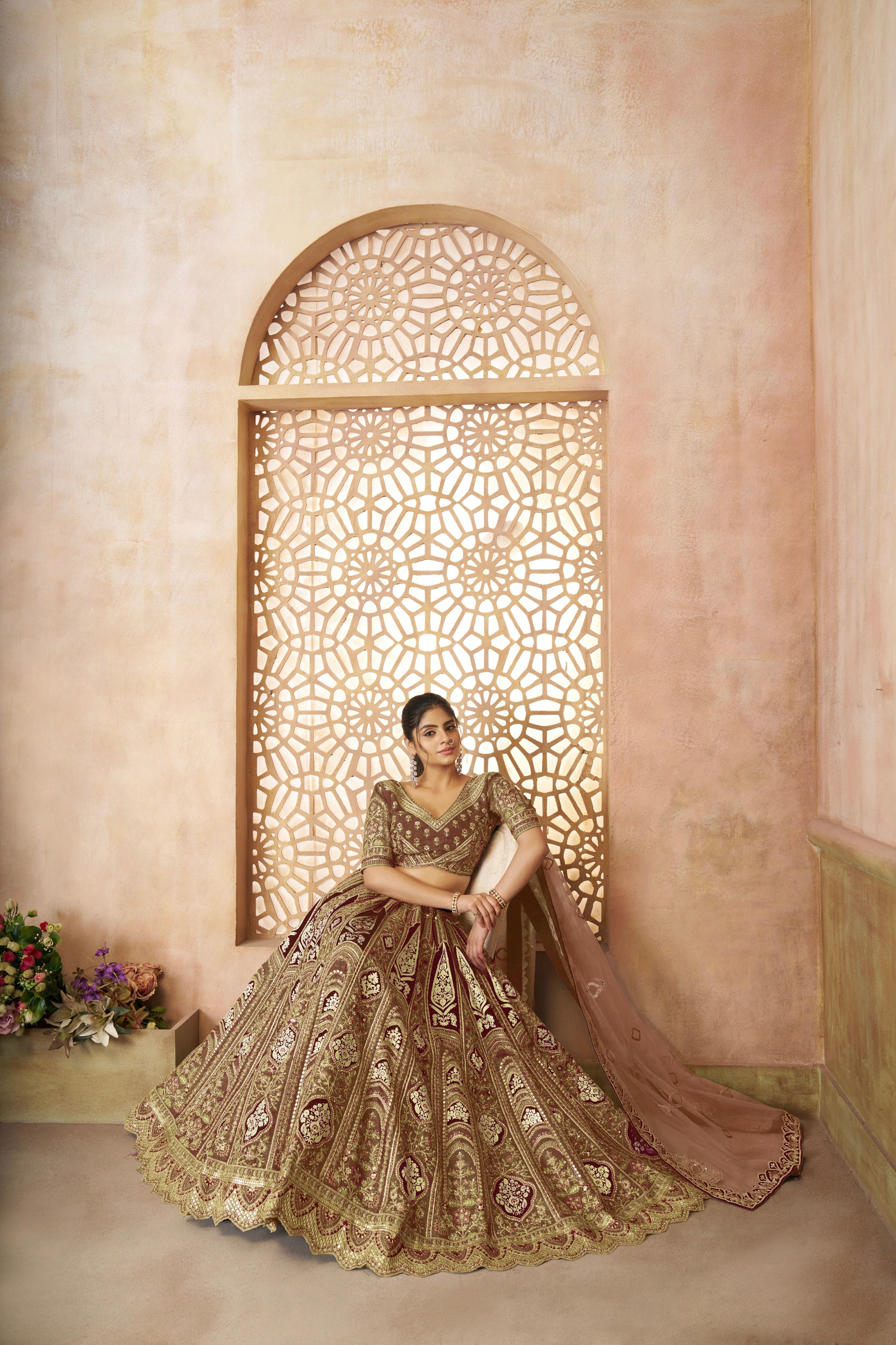 Brown Banarasi Silk Lehenga with Aari Embroidery & Dupatta