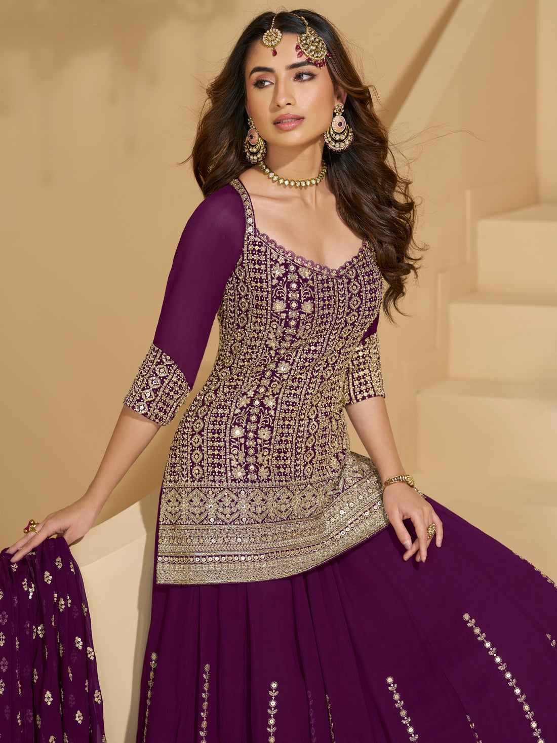 Deep Purple Heavy Embroidered Georgette Sharara Suit