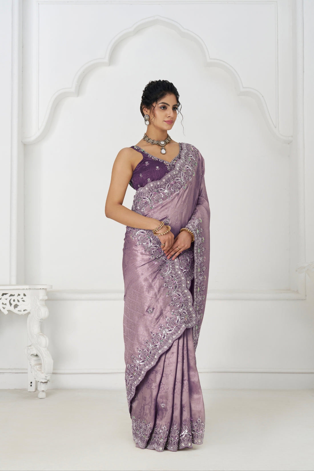 Mauve Dola silk saree with sequin and bead embroidery