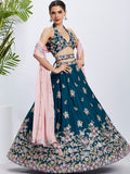 Teal Georgette Sequins and Thread Embroidery Lehenga Choli & Dupatta