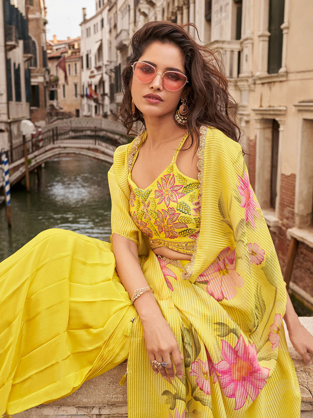 Yellow Chinon Silk Floral Palazzo Set with Designer Shrug