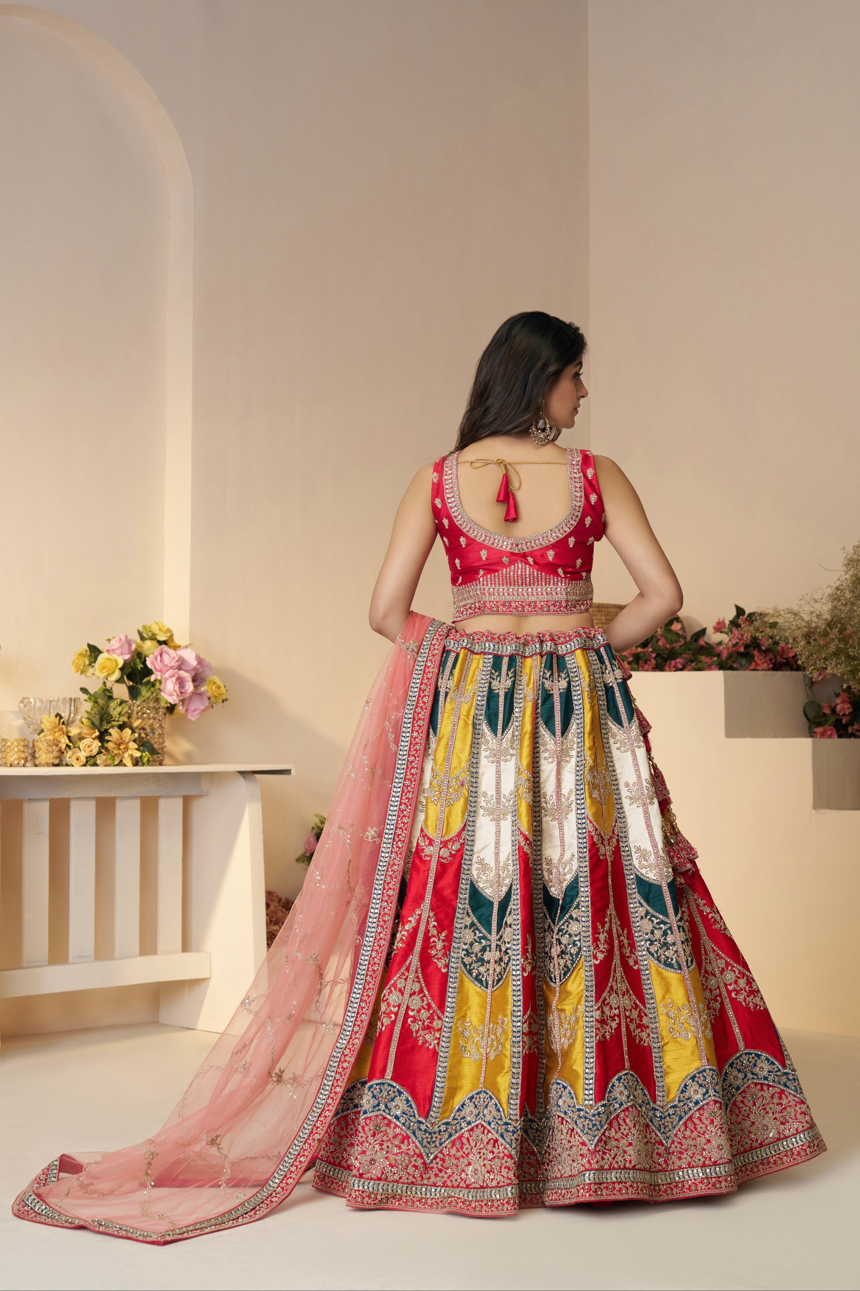 Bridal Lehenga Choli with Silk Patches and Pink Net Dupatta