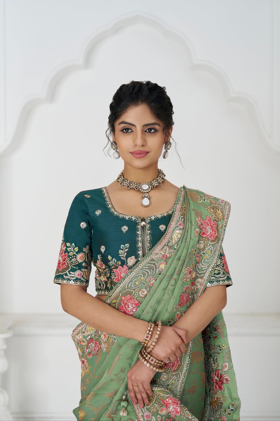 Green Dola silk saree with sequin and bead embroidery
