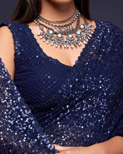 Blue Pure Chiffon Sequins Embroidery Work Ready to Wear Saree