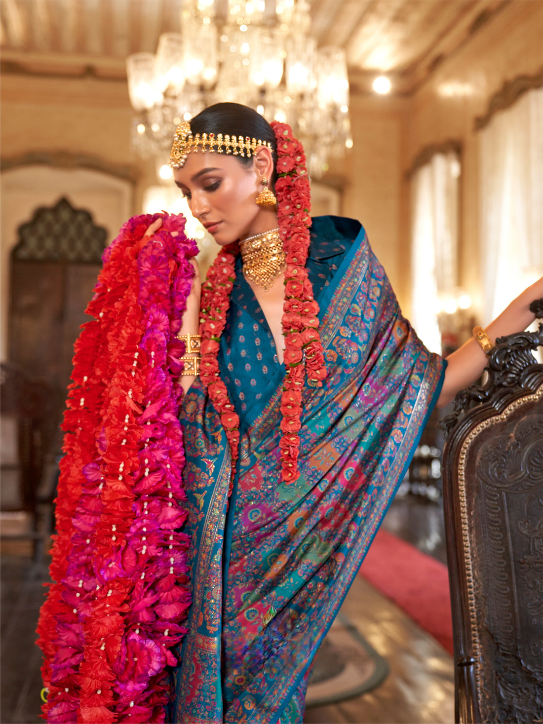 Sky Blue & Coral Red Patola Silk Saree