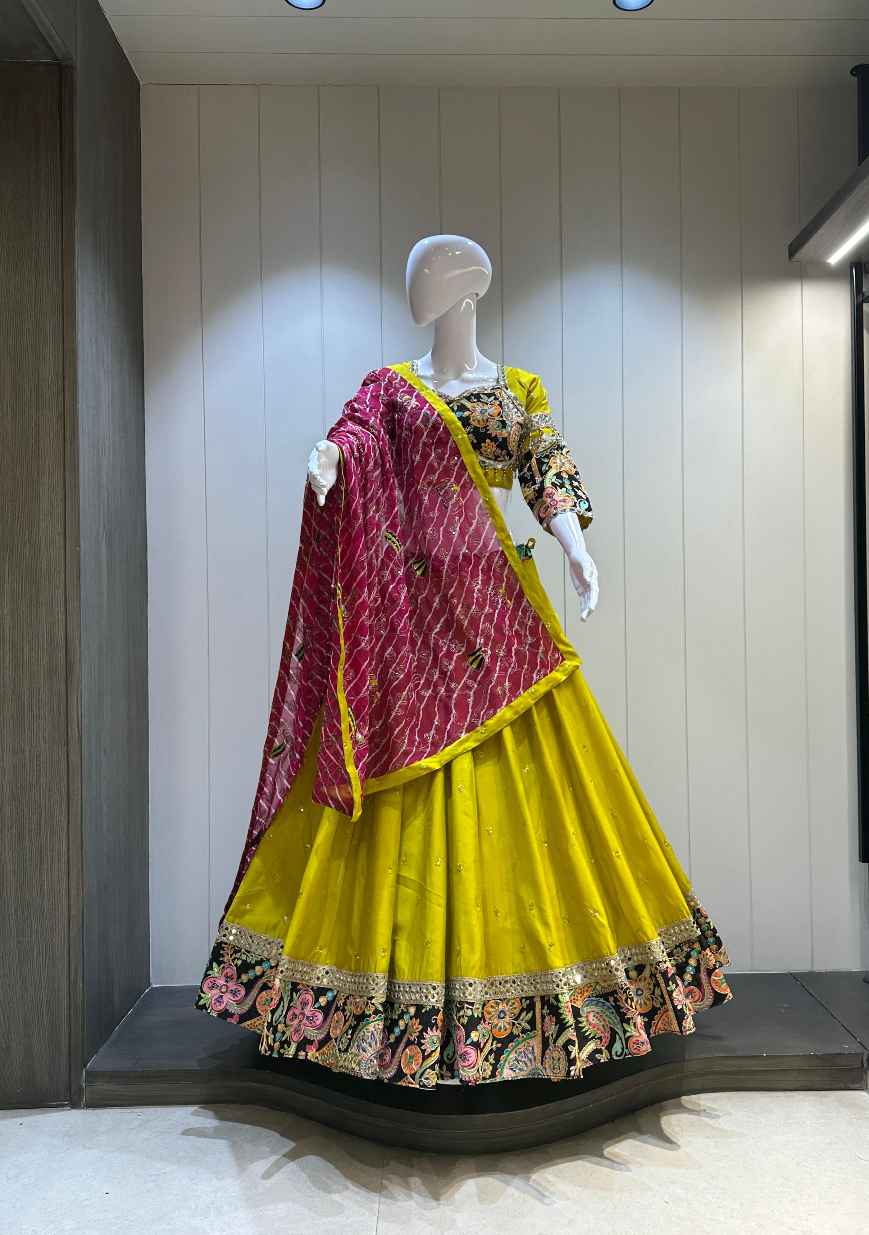 Yellow Roman silk chaniya choli with vintage embroidery