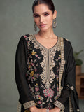 Black Chinnon Silk Embroidered Palazzo Suit
