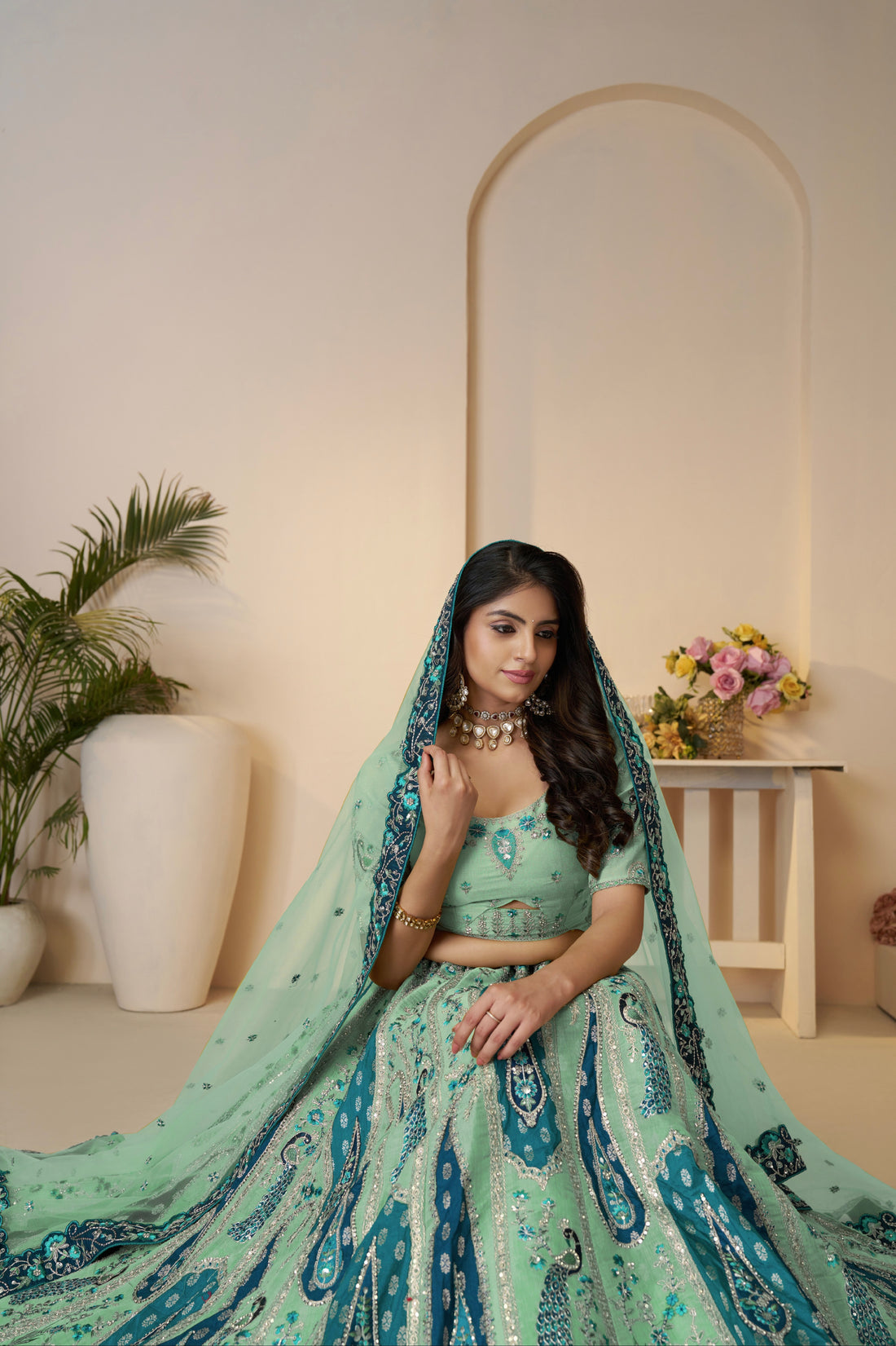 Sky blue Banarasi silk lehenga with zari dupatta