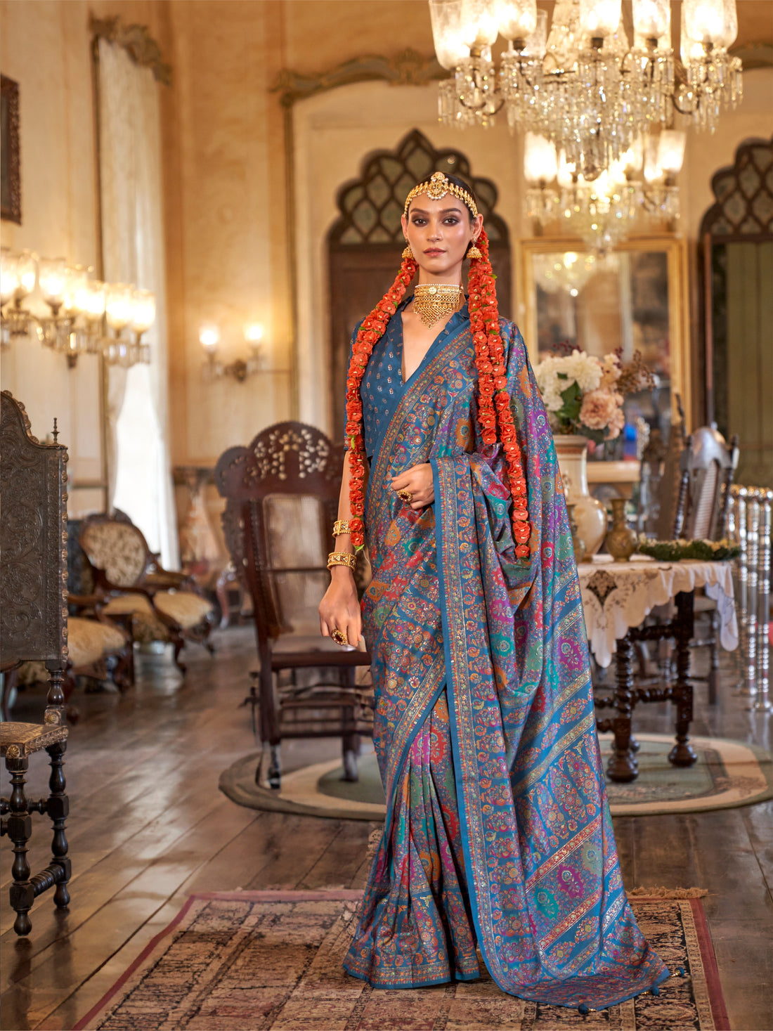 Sky Blue & Coral Red Patola Silk Saree