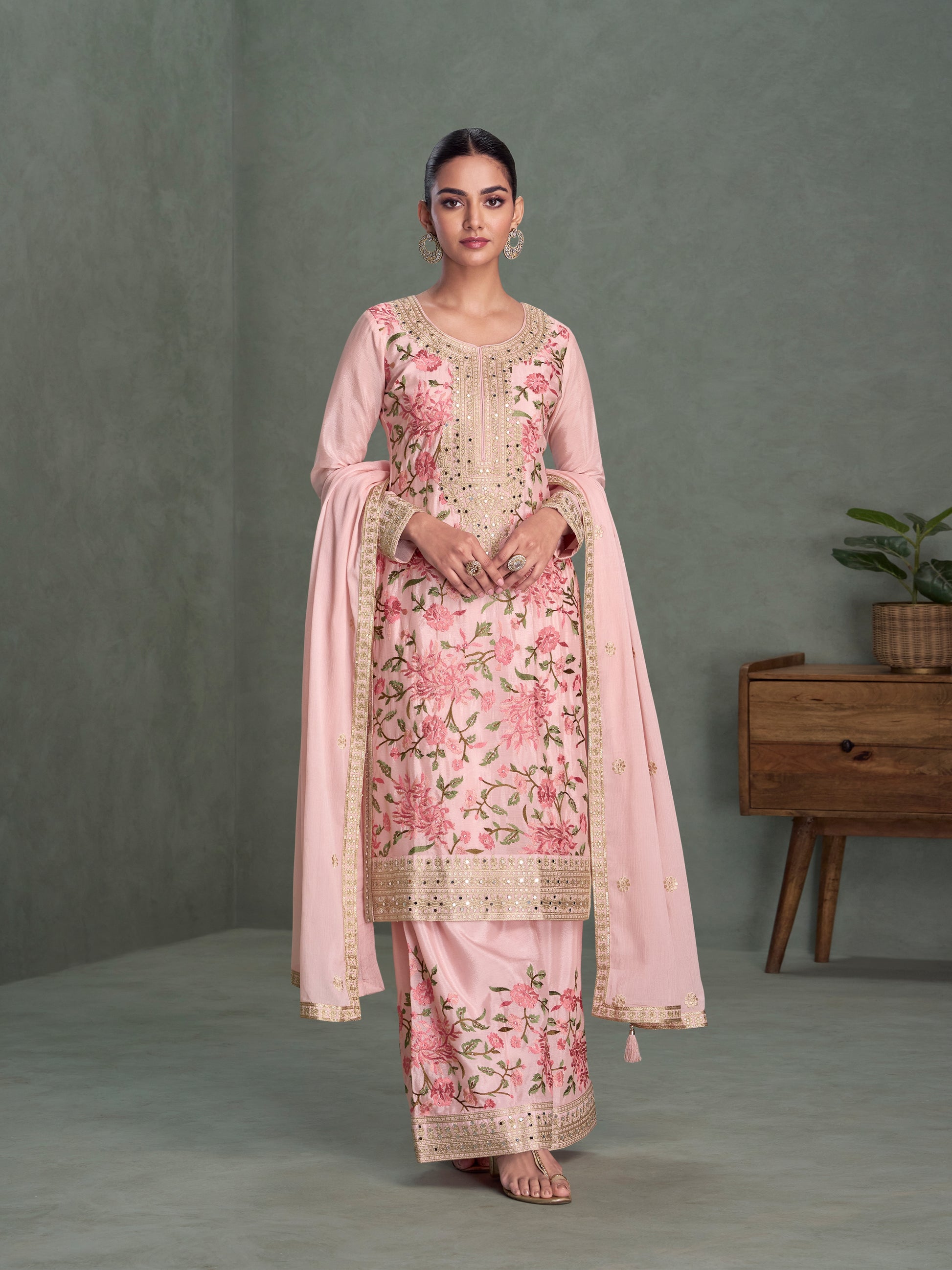 Light Pink Chinnon Silk Embroidered Palazzo Suit