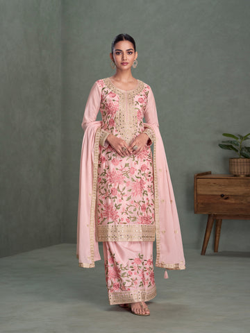 Light Pink Chinnon Silk Embroidered Palazzo Suit