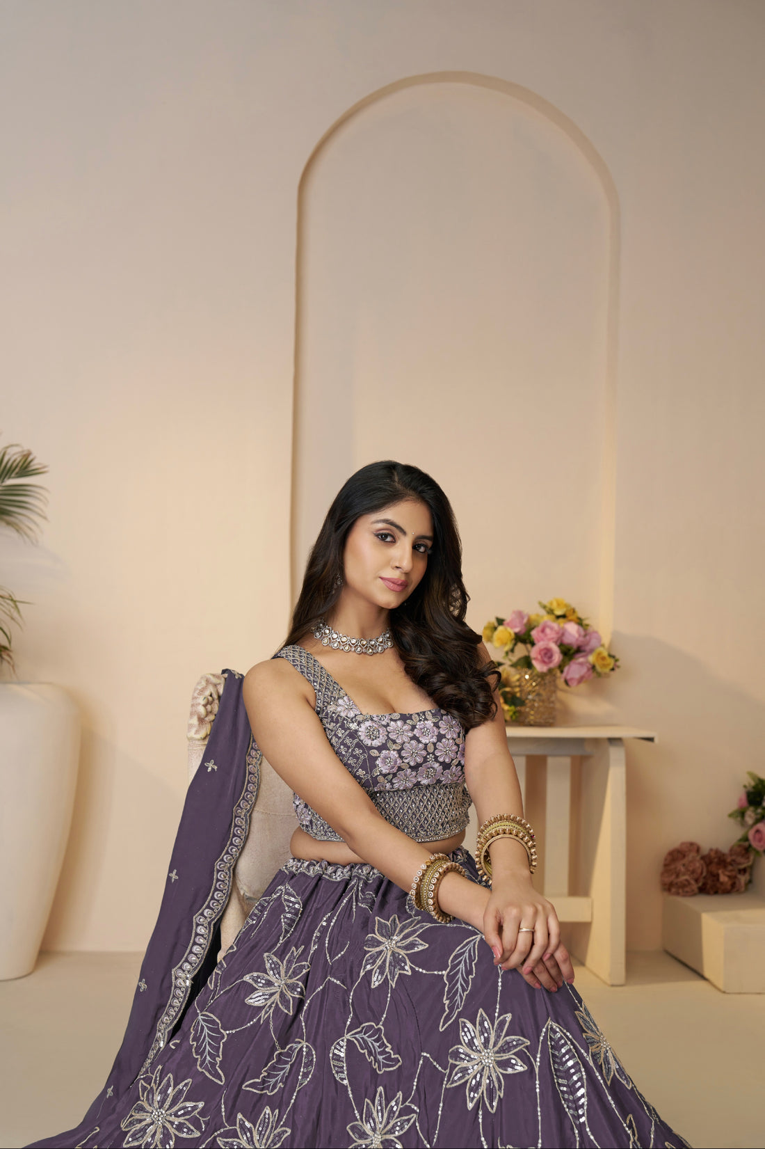 Purple Satin Silk Lehenga Choli Set