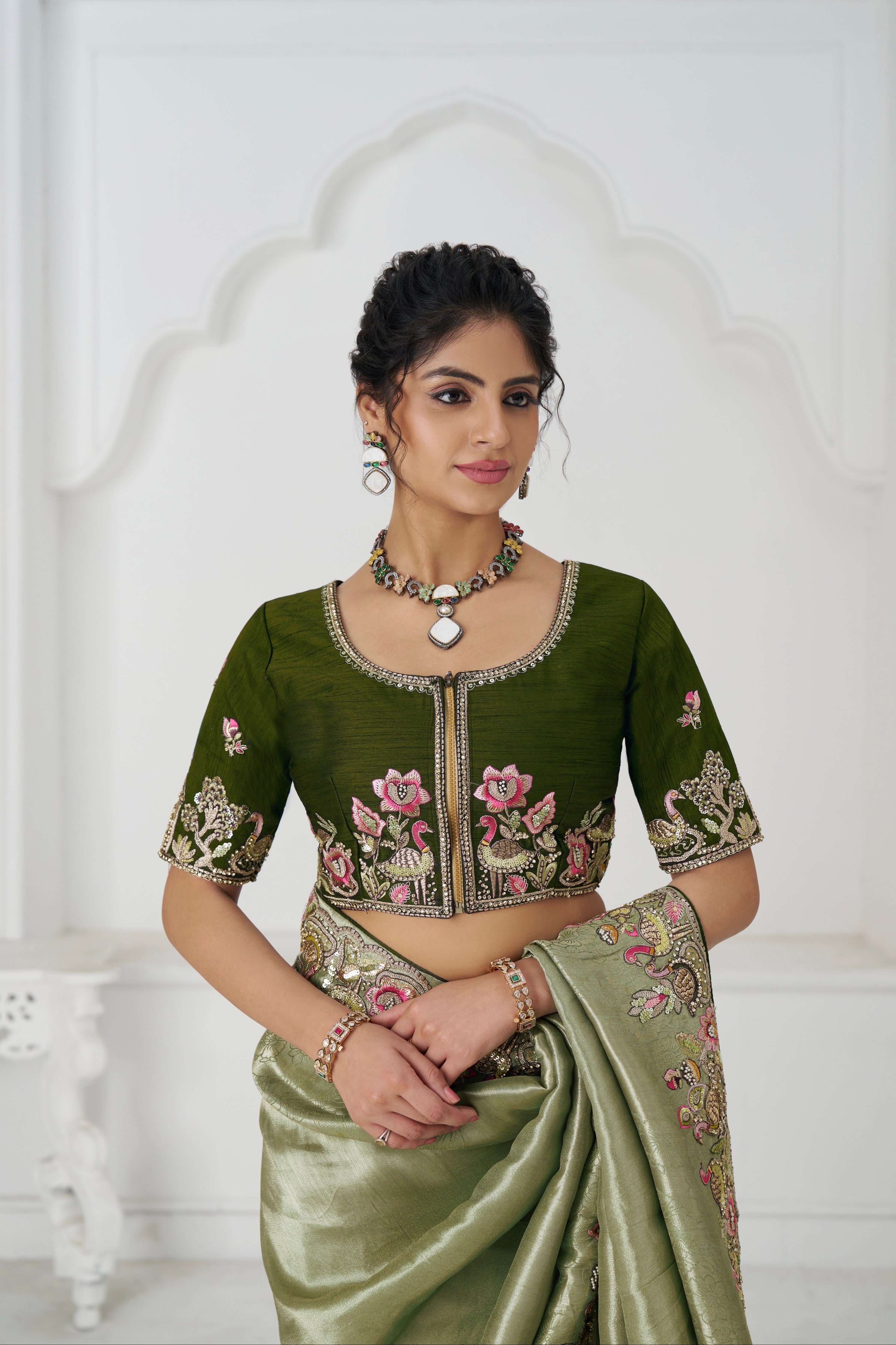 Mehendi Dola silk saree with sequin and bead work