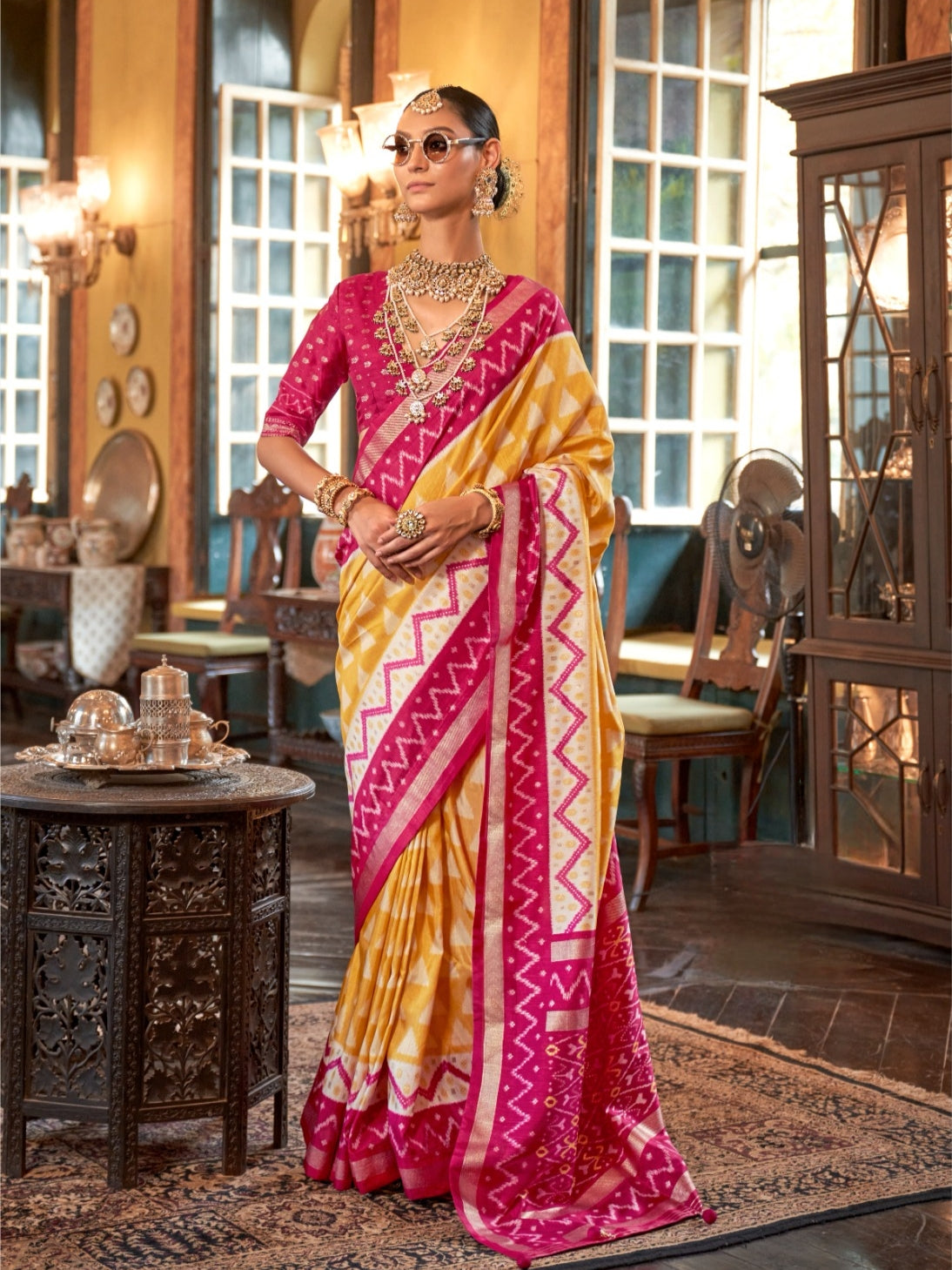 Hot Pink & Mustard Yellow Patola Silk Saree