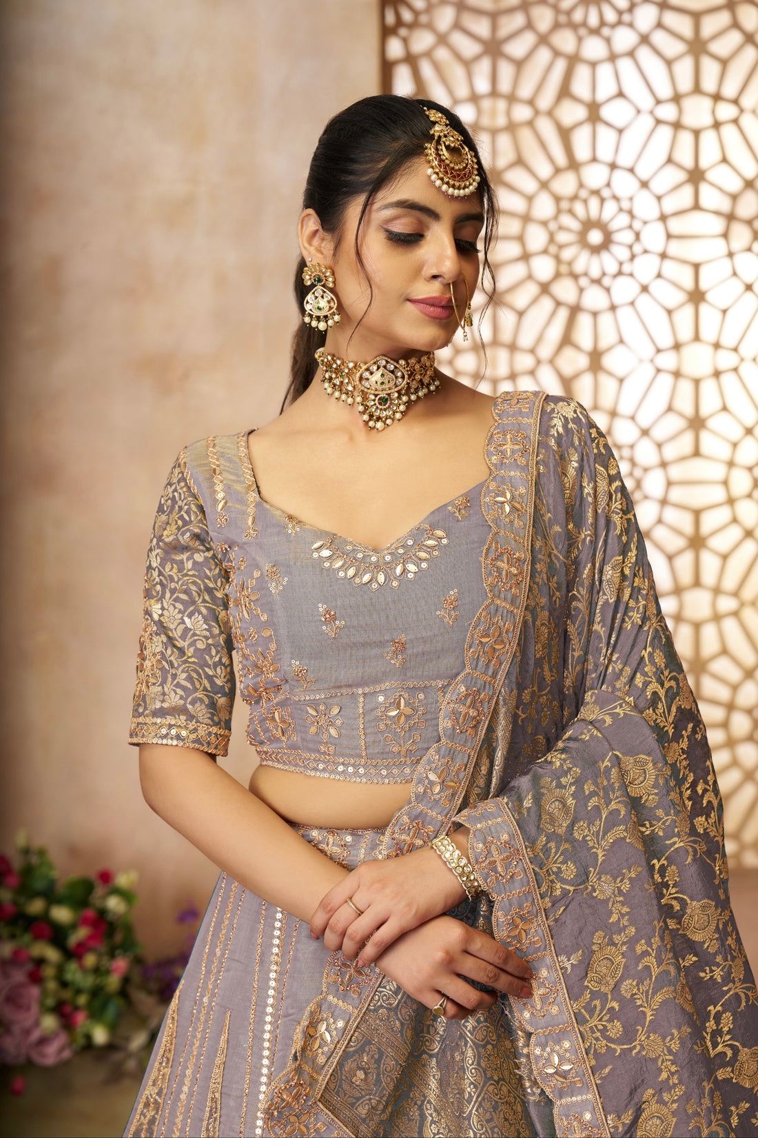 Onion tissue bridal lehenga with jacquard dupatta