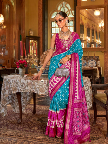 Pink & Blue Designer Patola Silk Saree