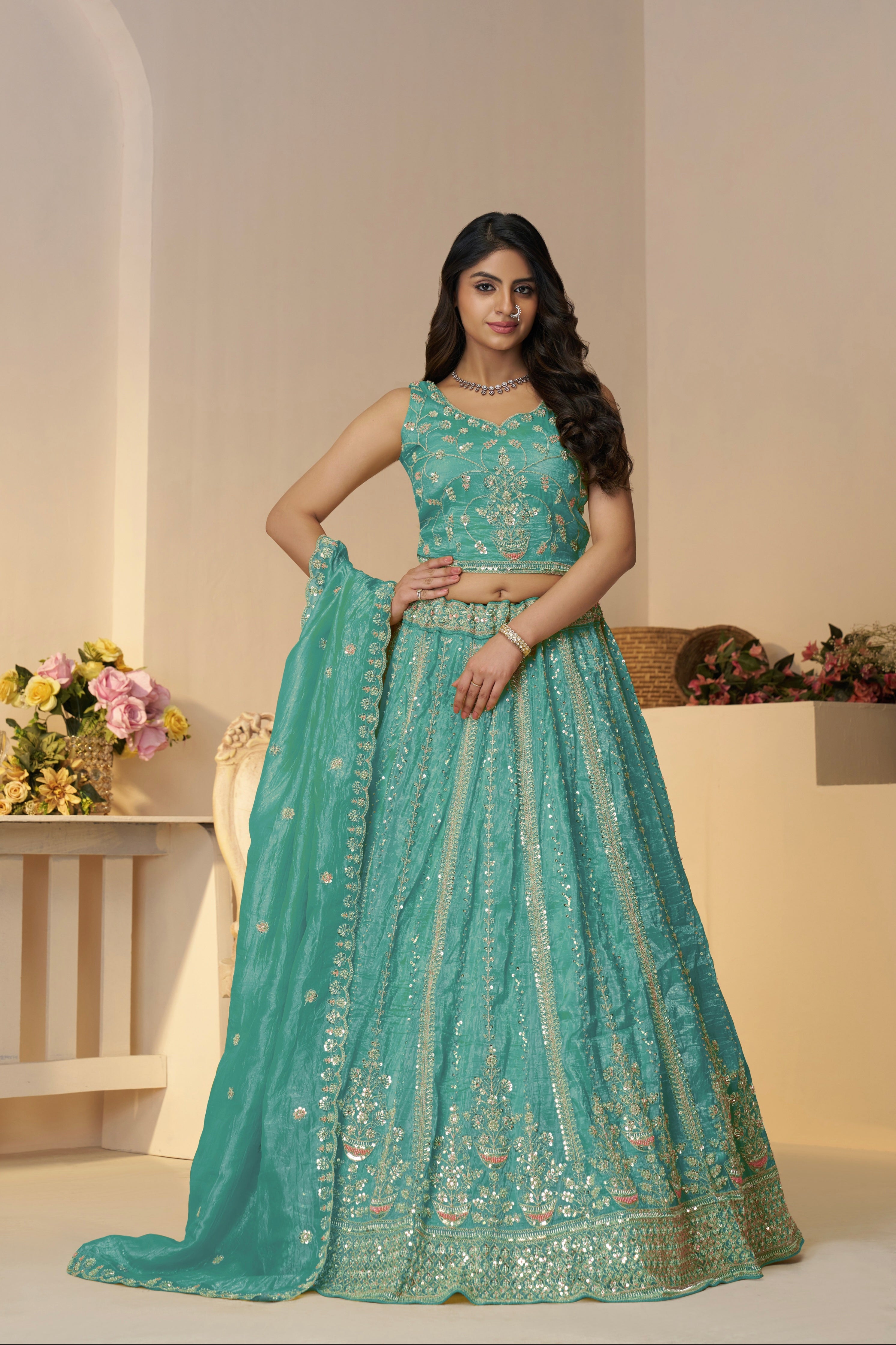 Sky blue bridal lehenga with zari and sequin embroidery – front view