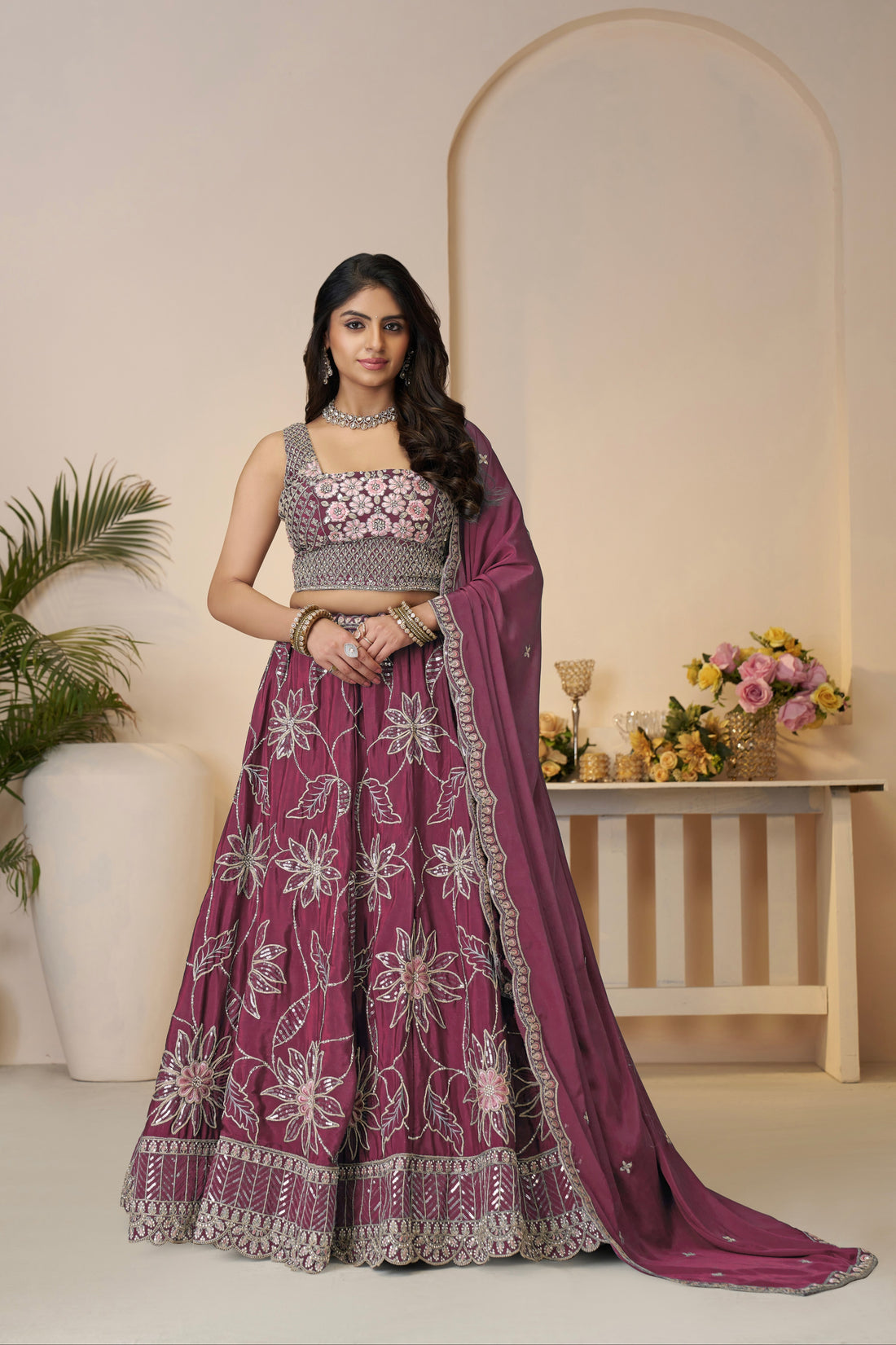 Maroon Satin Silk Lehenga Choli Set