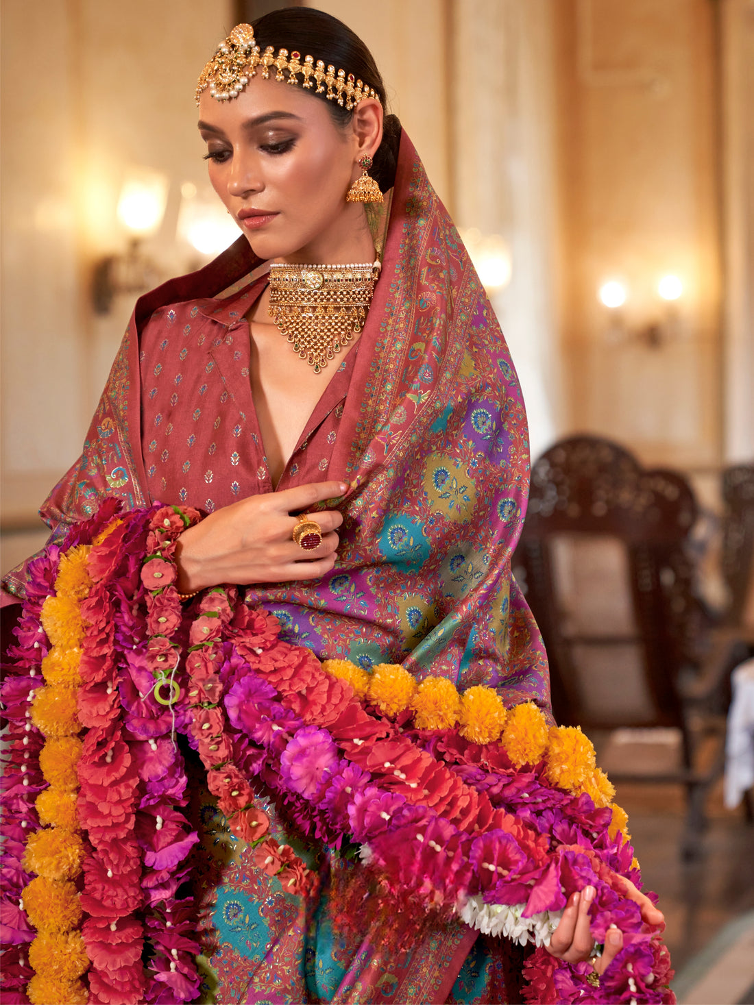Deep Maroon & Multicolor Patola Silk Saree