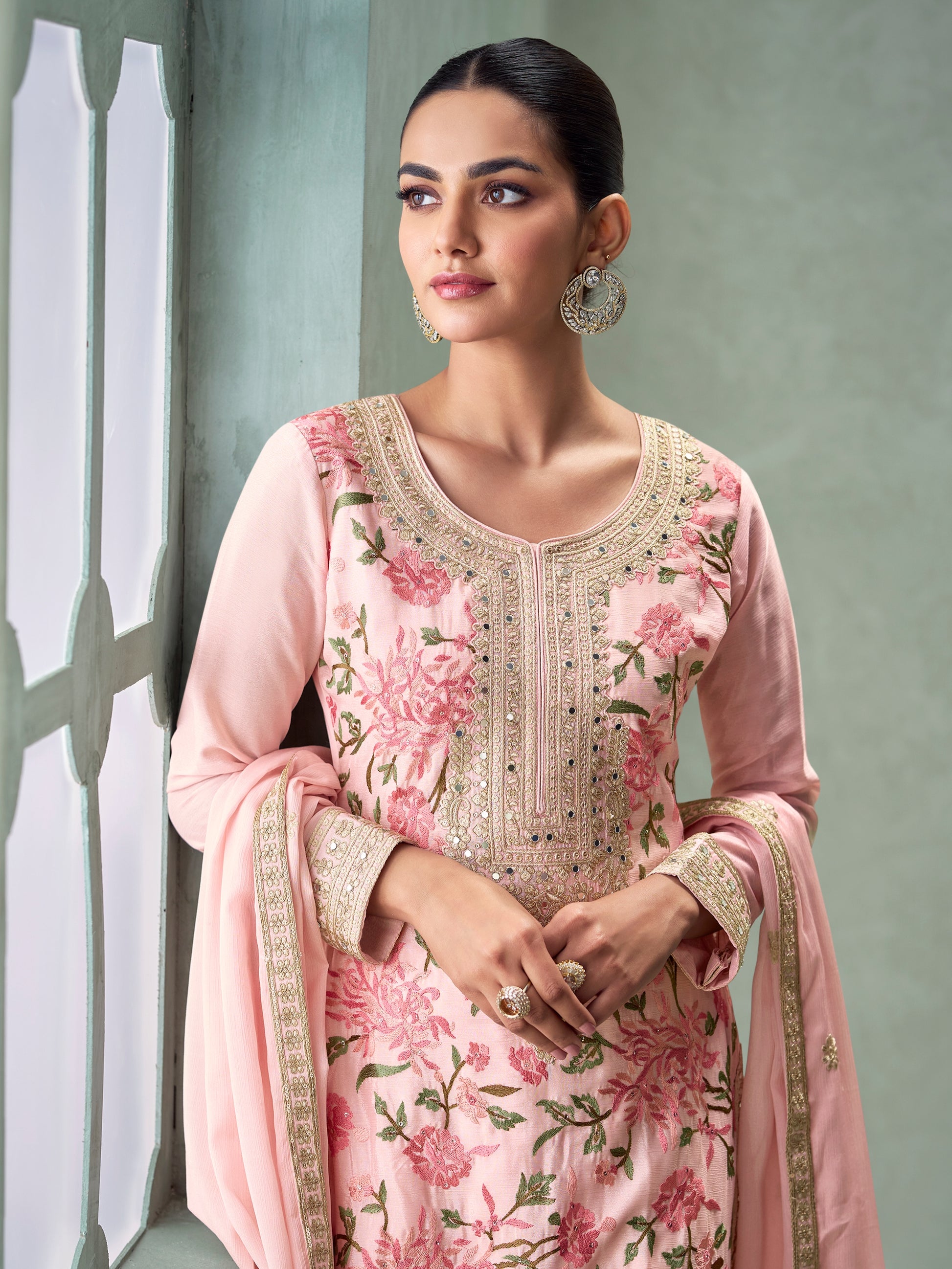 Light Pink Chinnon Silk Embroidered Palazzo Suit