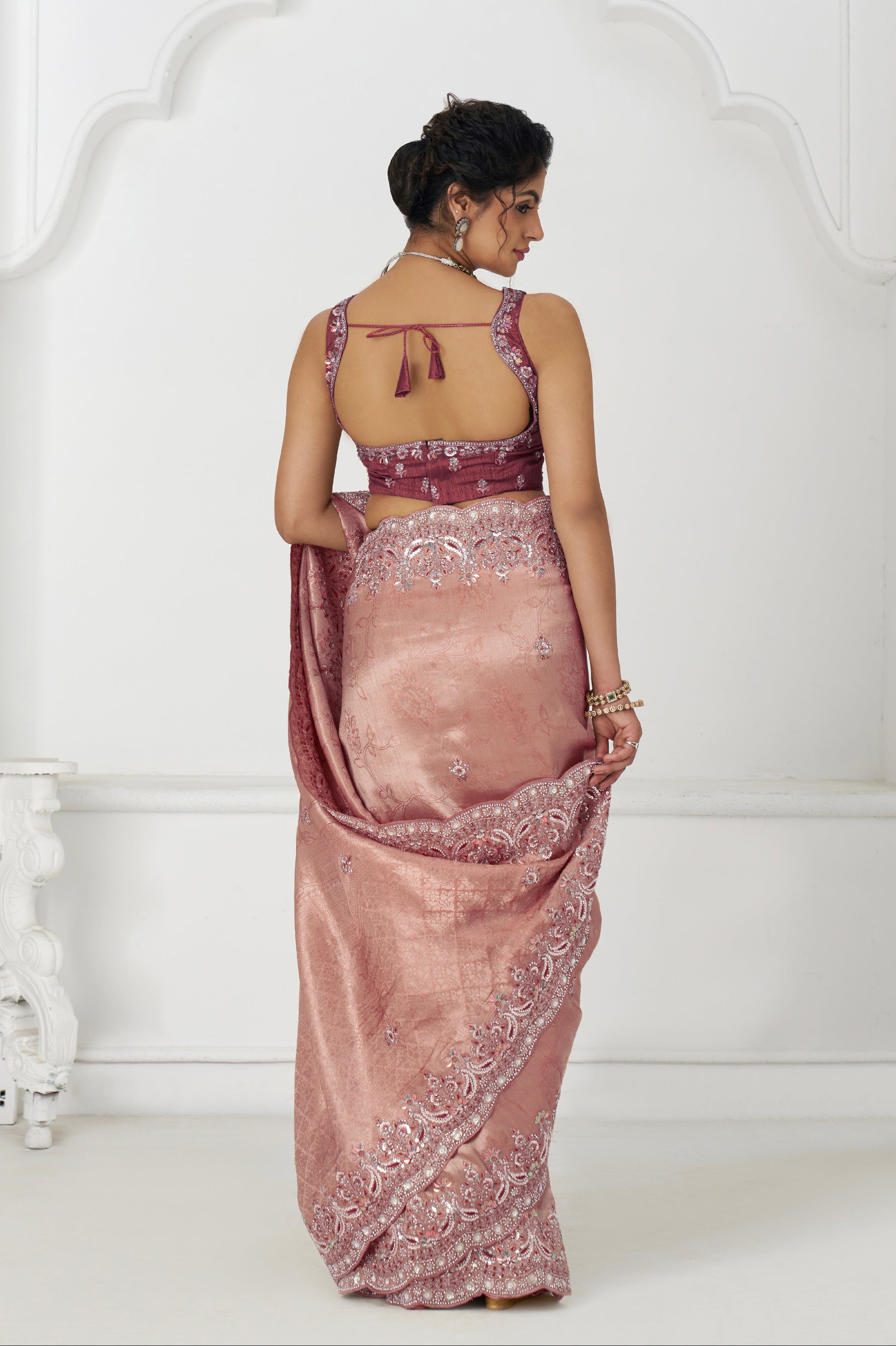 Wedding wear saree in pure Dola silk with pink blouse