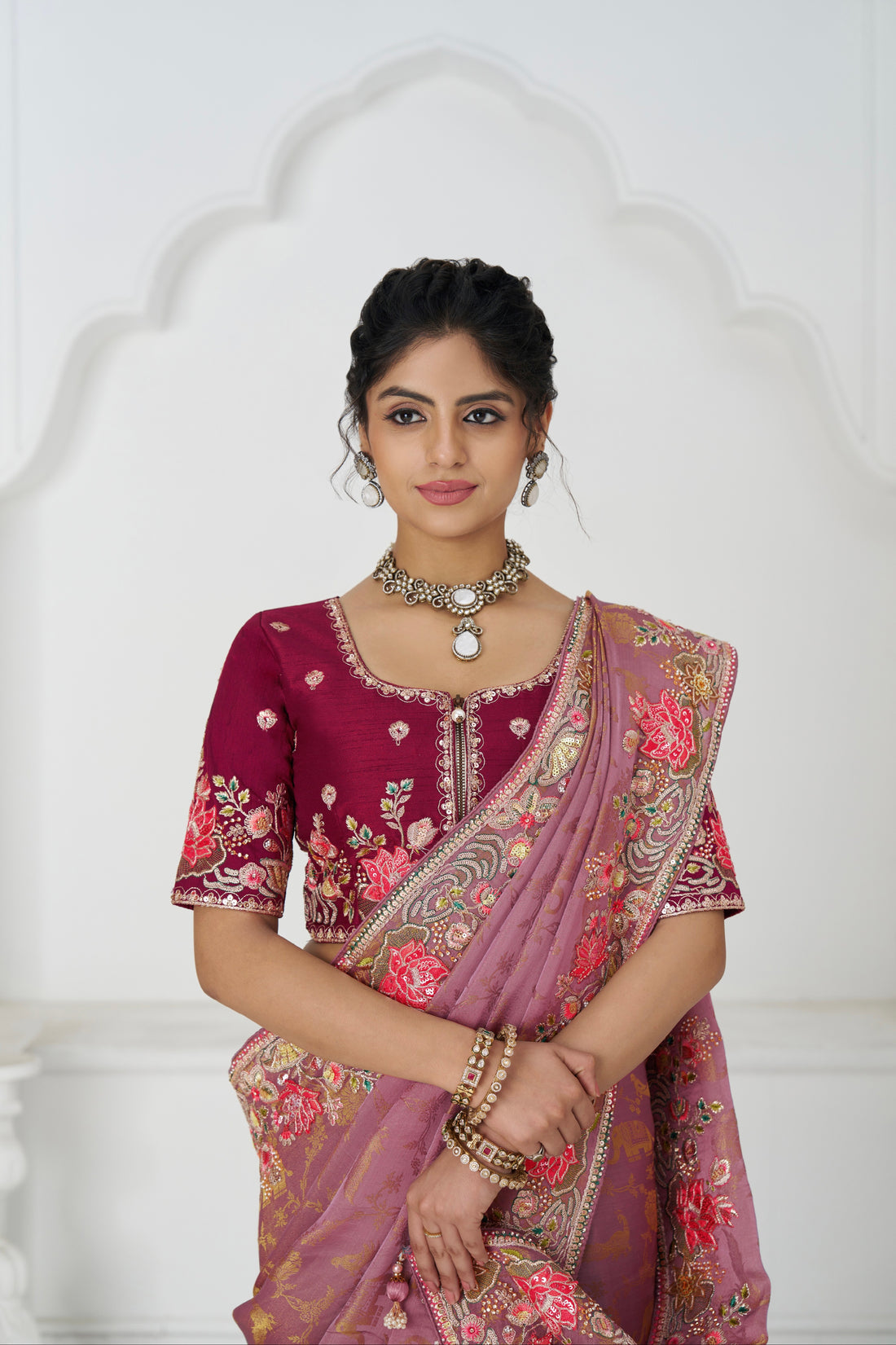 Pink Dola silk saree with floral embroidery