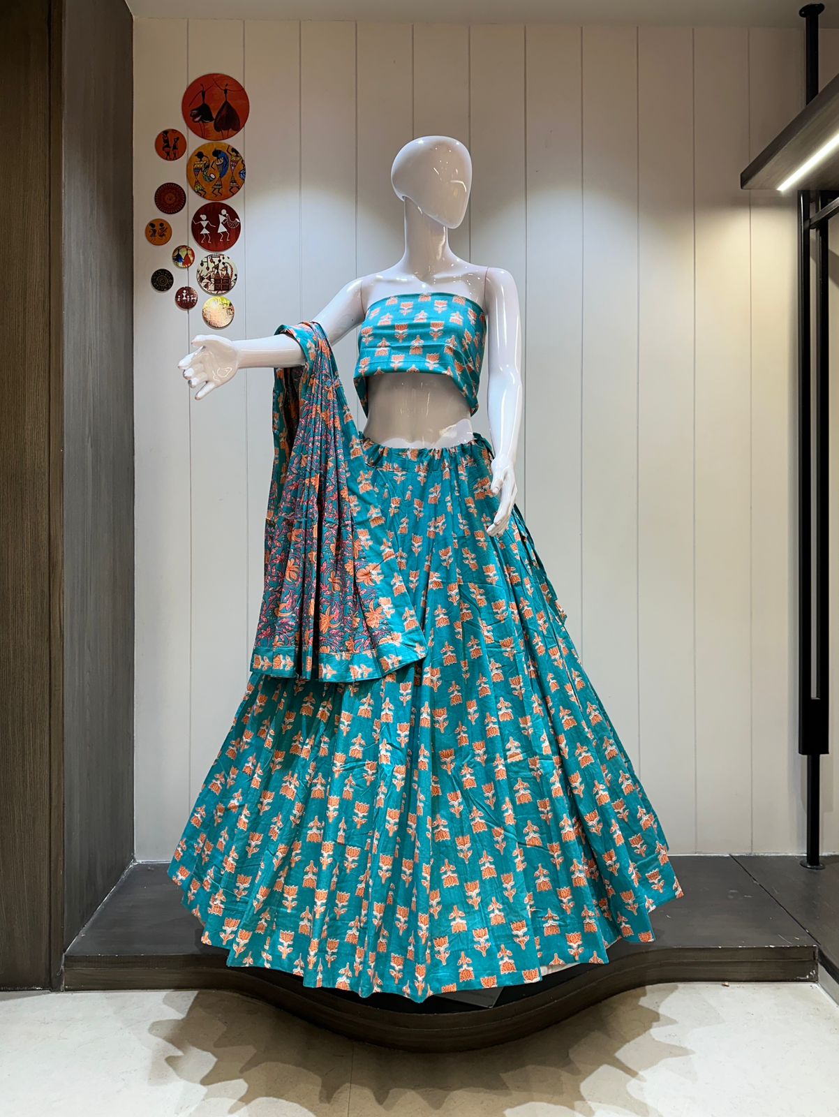Navratri Special Cotton Lehenga Choli in Teal Blue Print