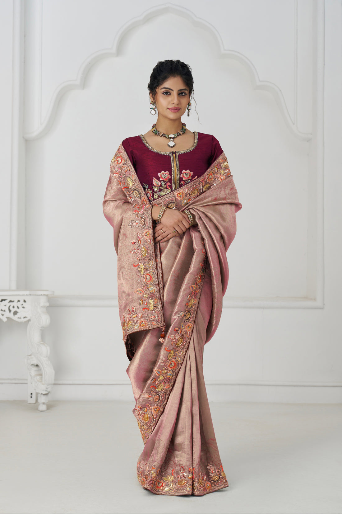 Pink Dola silk saree with sequin embroidery