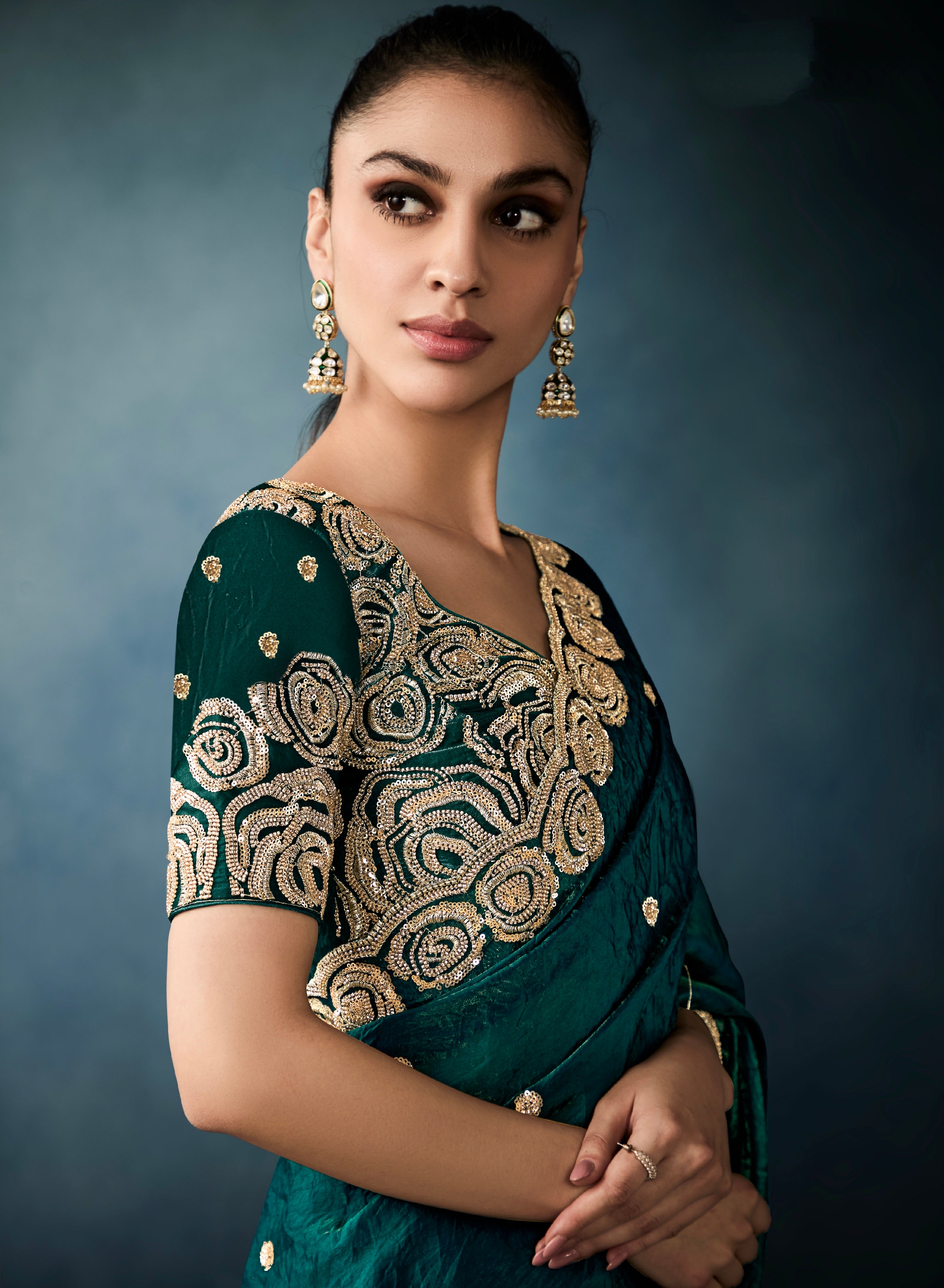 Festive wear bottle green tissue saree for weddings