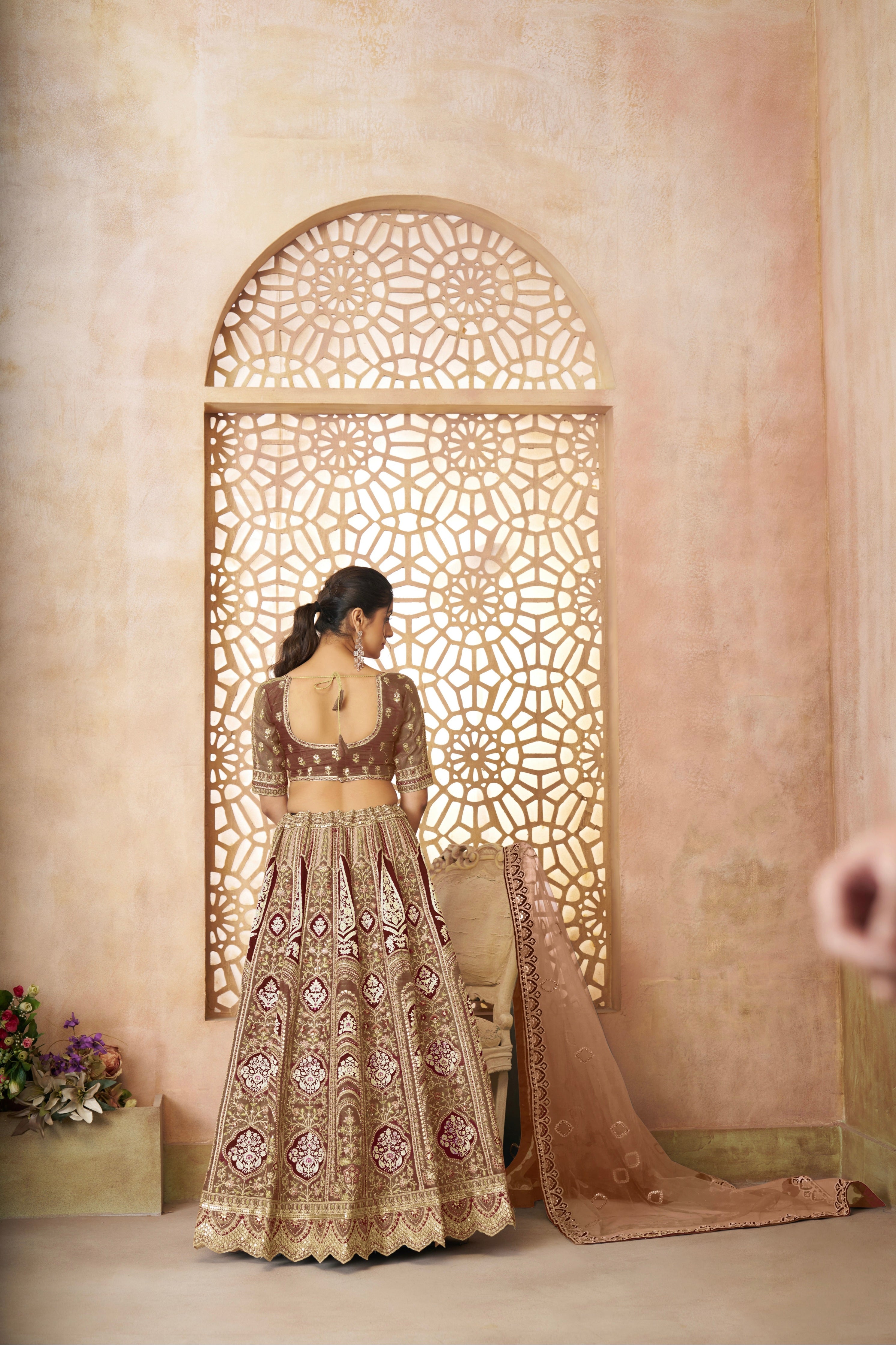 Brown Banarasi Silk Lehenga with Aari Embroidery & Dupatta