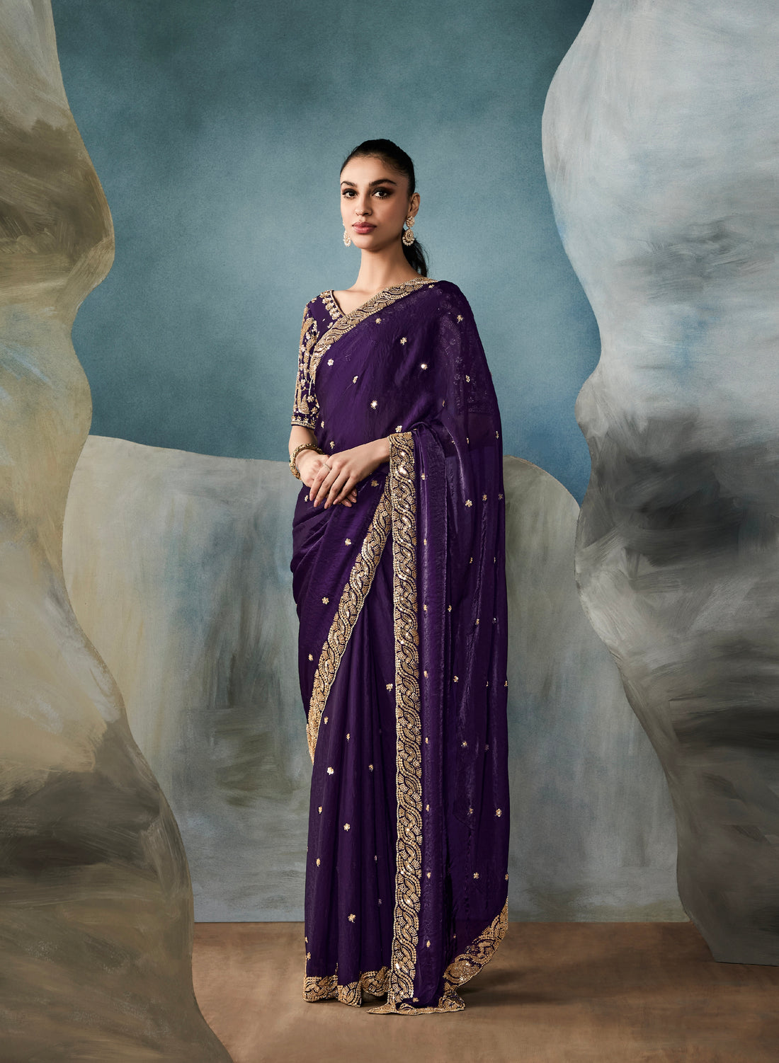Royal purple tissue saree with designer hand embroidery