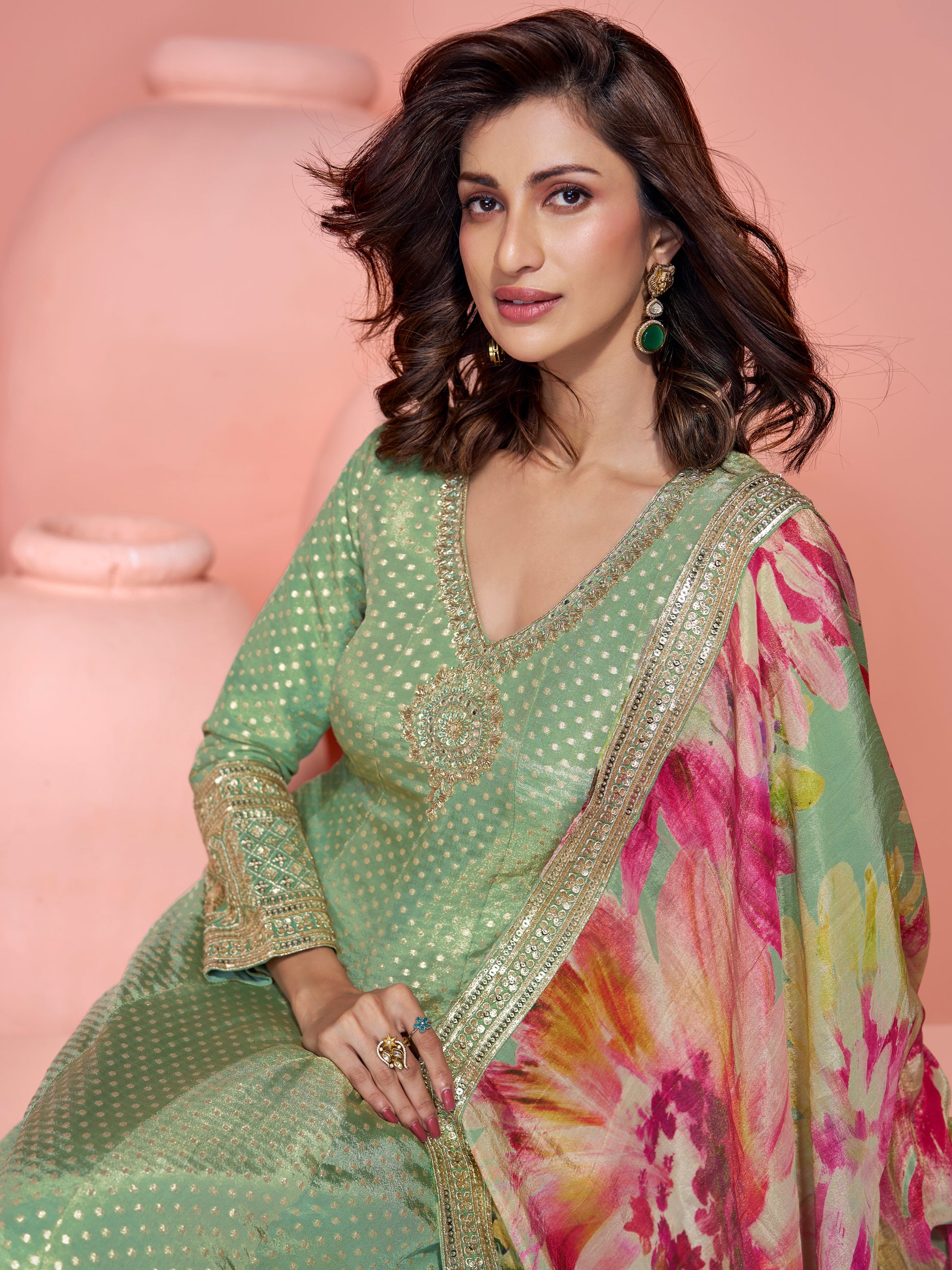 Sage Green Heavy Embroidered Anarkali Suit