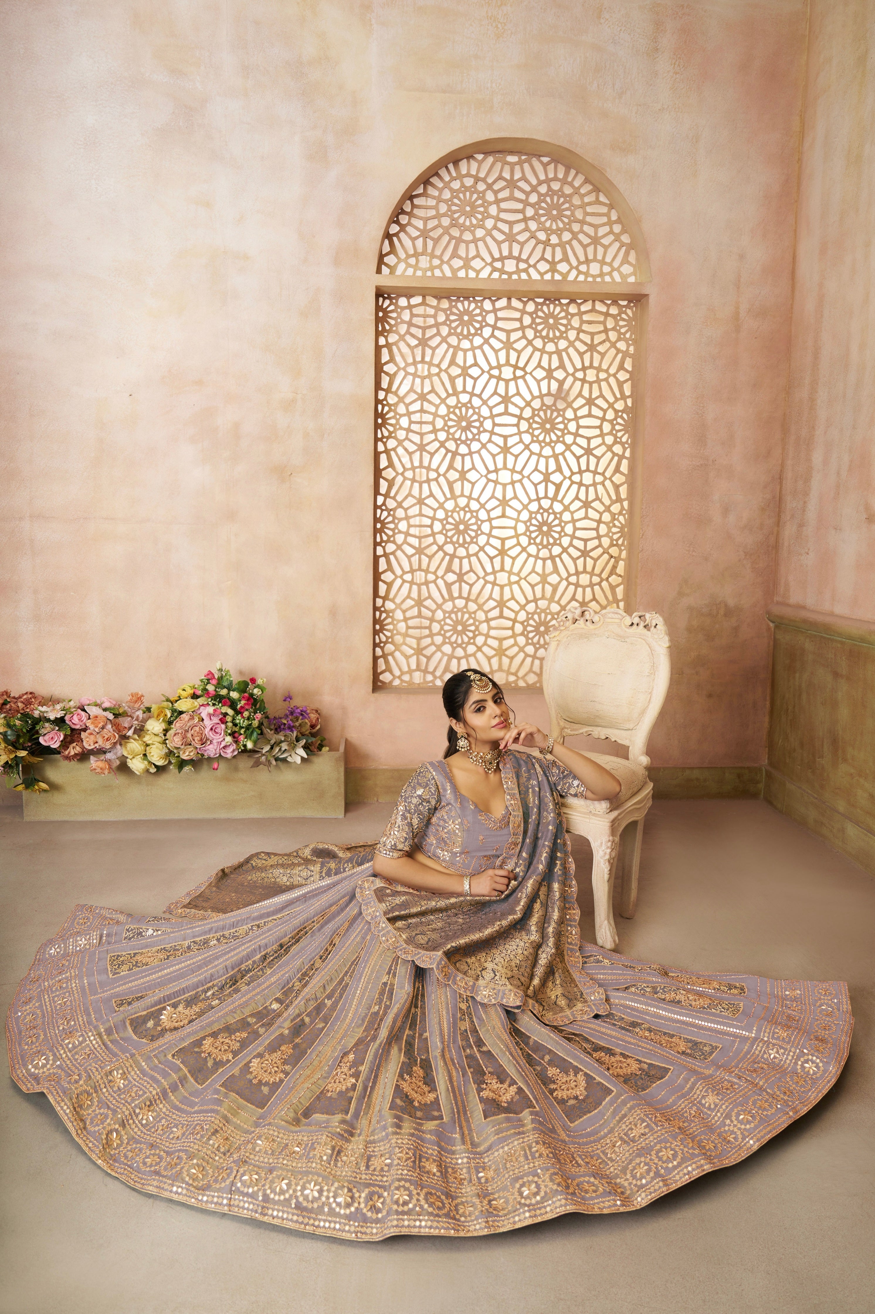 Tissue lehenga with embroidery and jacquard dupatta