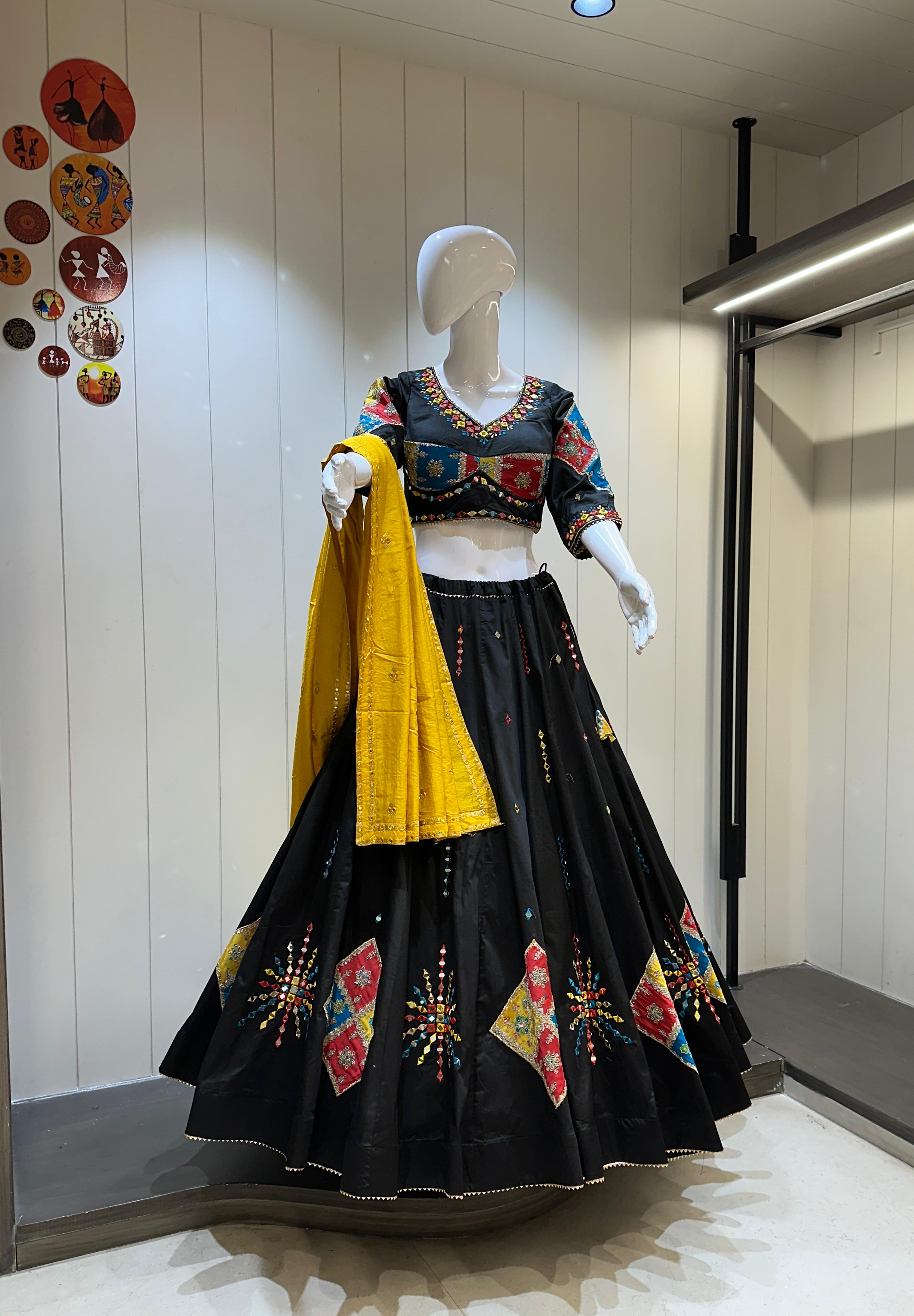 Black Mirror Work Chaniya Choli with Yellow Dupatta