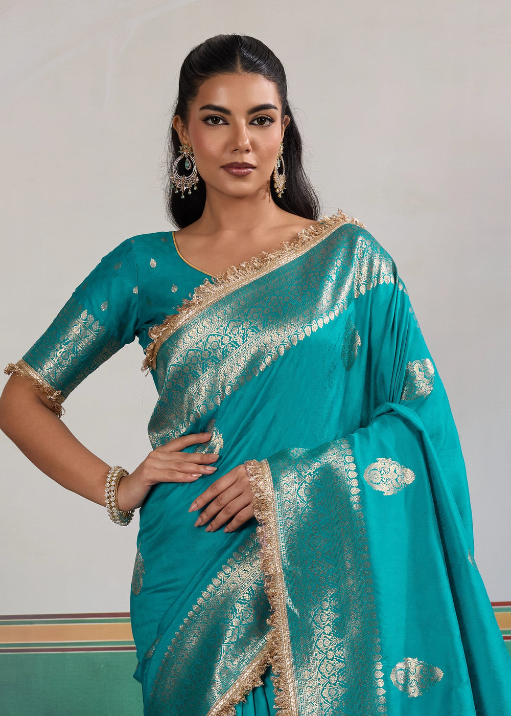Cyan Bue Woven Banarasi Satin Silk Saree Japan Satin Saree Anant Tex Exports Pvt.Ltd..