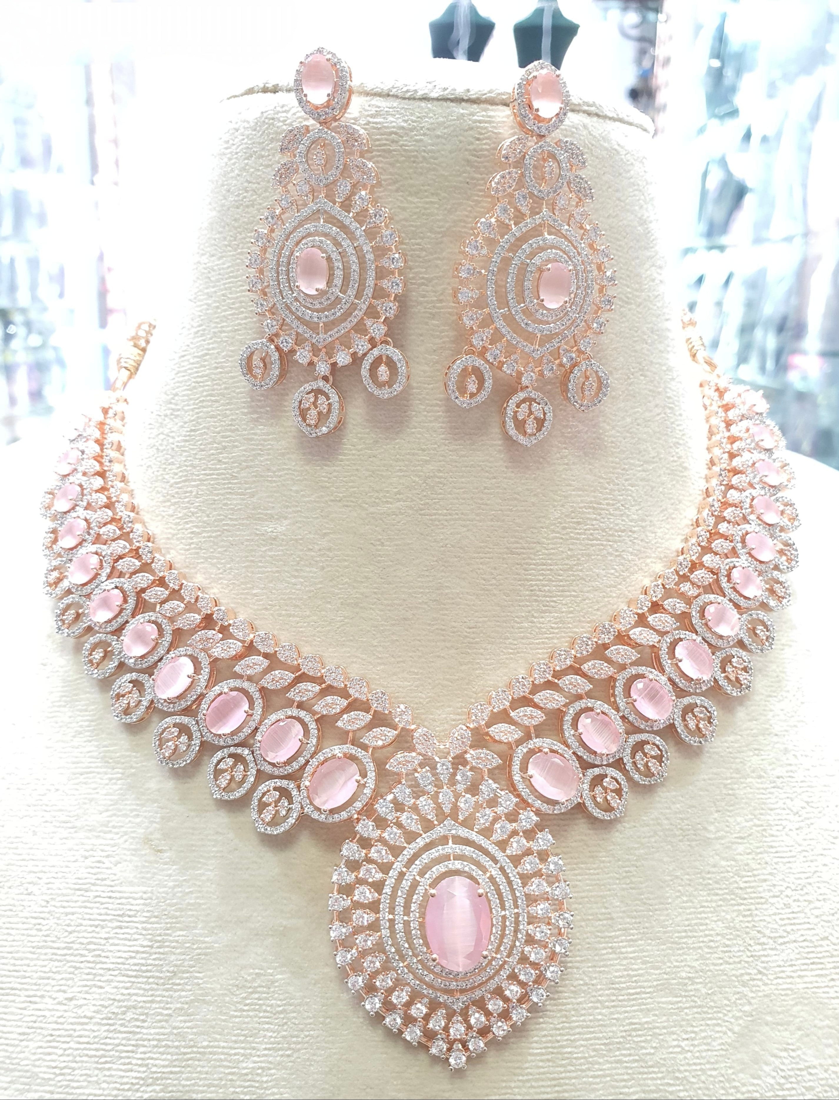 Rose gold pink stone wedding necklace set