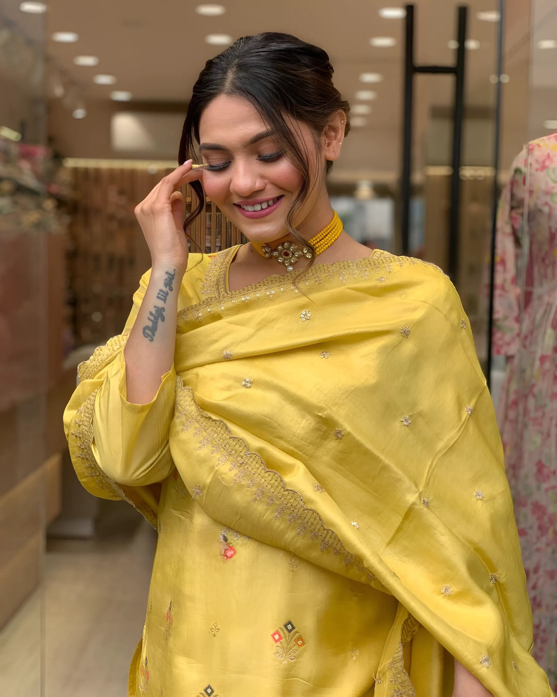 Yellow Viscose Chanderi Kurti Set with Organza Tebby Dupatta