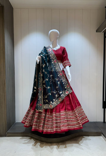 Wine red chaniya choli with bottle green dupatta