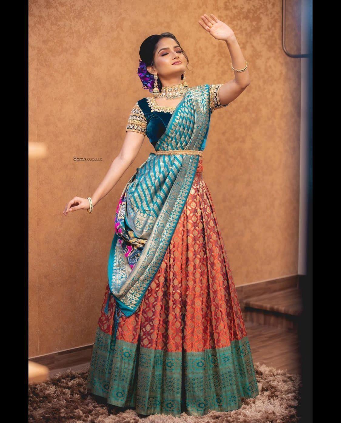 Beautiful Kanjiveram Silk Pure Zari HALF Saree with Blouse Along With Dupptta - Anant Exports