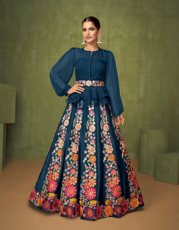 Teal blue floral embroidered Anarkali suit