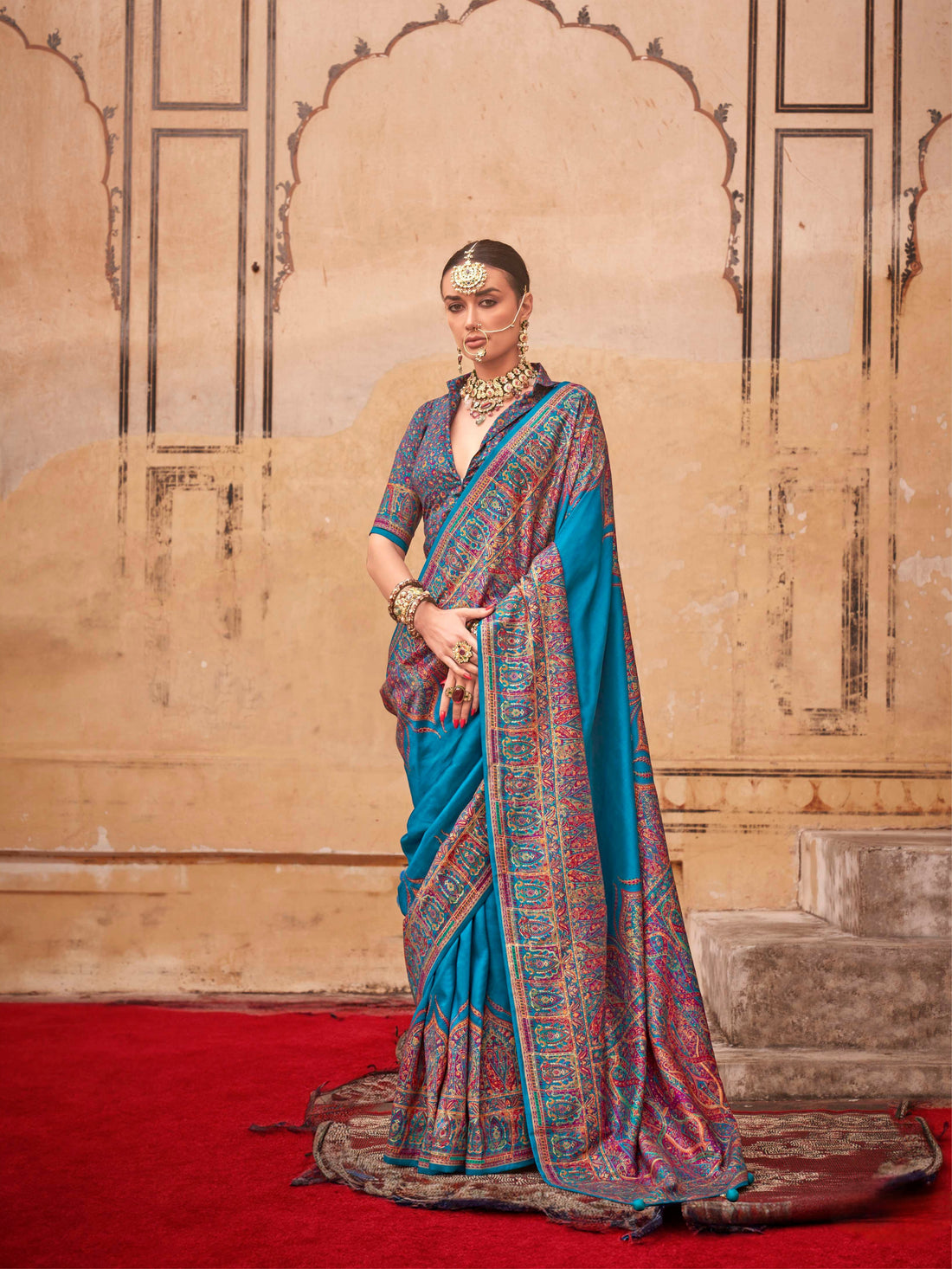 Turquoise Blue & Red Patola Silk Saree