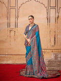 Turquoise Blue & Red Patola Silk Saree