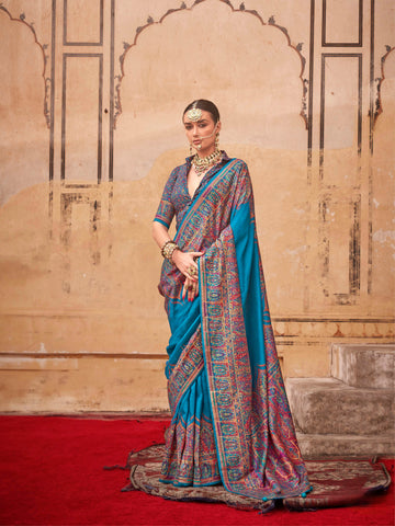 Turquoise Blue & Red Patola Silk Saree