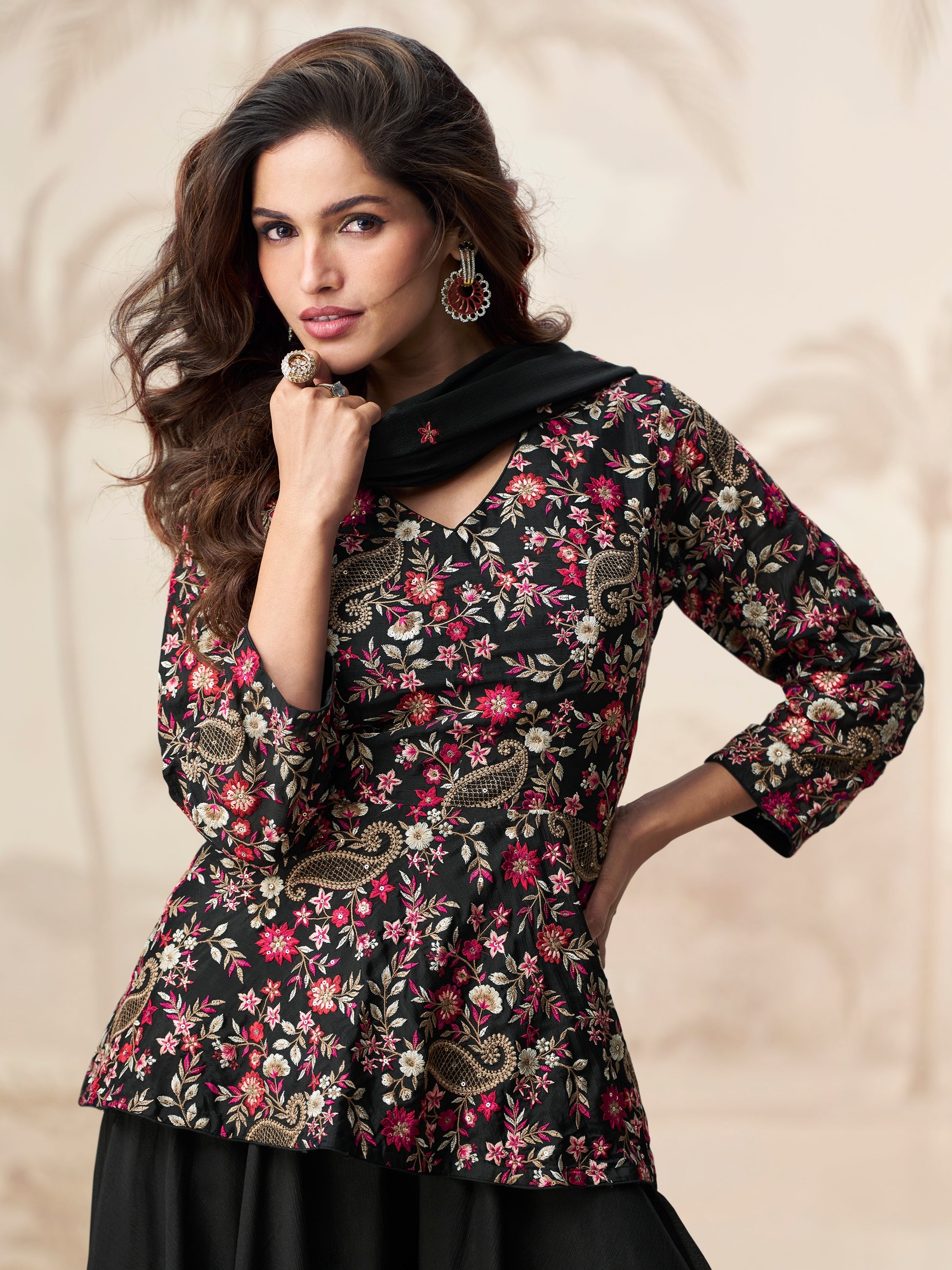Trendy Black Embroidered Palazzo Suit for Women