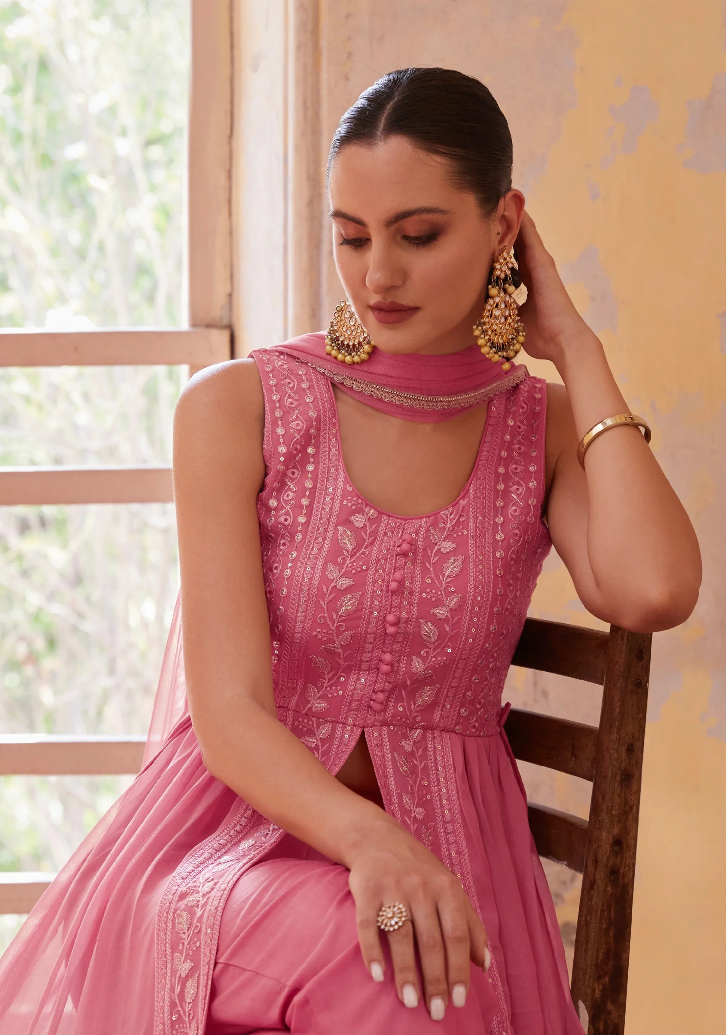 Gajri Anarkali Gown In Georgette With Thread & Zari Embroidery