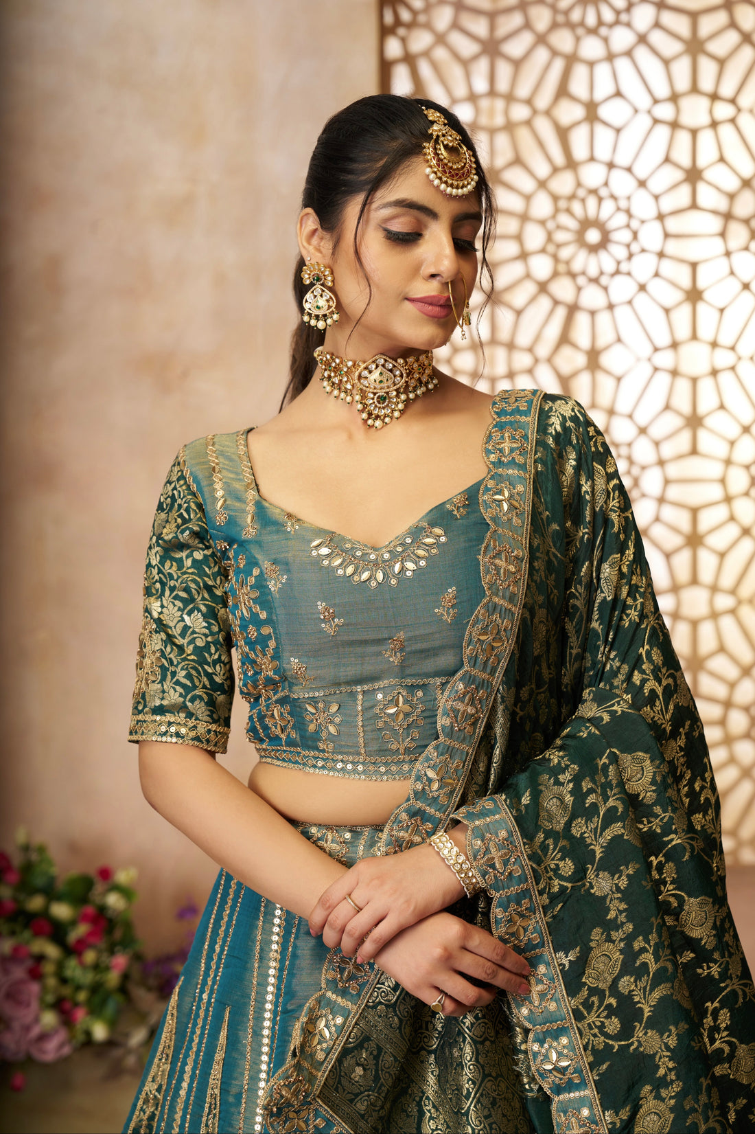 Green tissue bridal lehenga with jacquard dupatta
