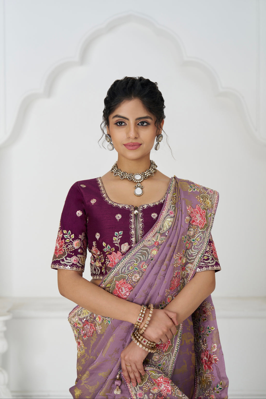 Mauve Dola silk saree with floral embroidery