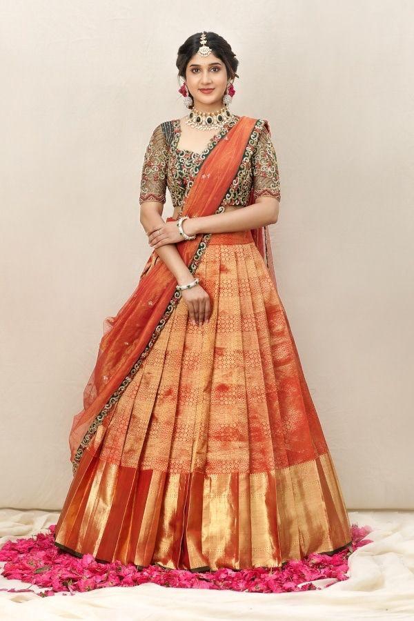 Beautiful Kanjiveram Silk Pure Zari HALF Saree with Blouse Along With Dupptta